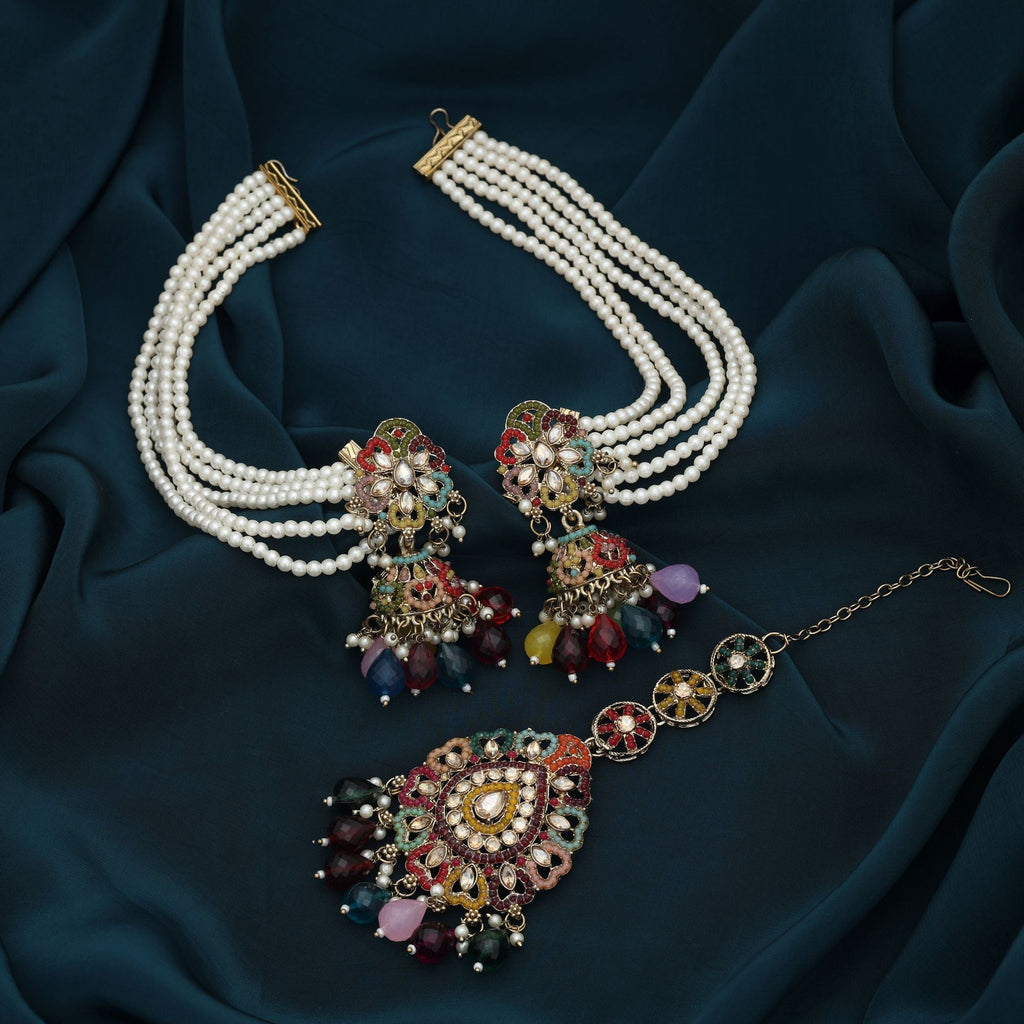 Multi Color Kundan Earrings Tikka Set