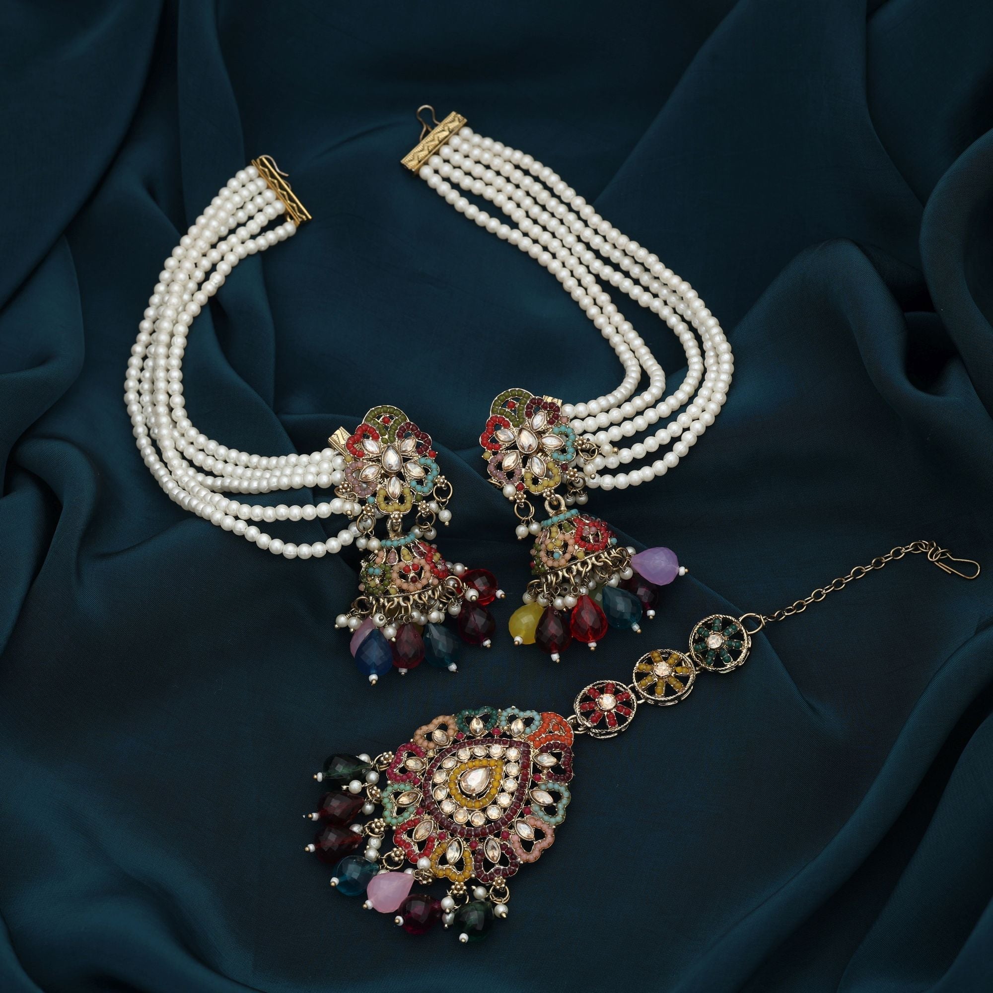Multi Color Kundan Earrings Tikka Set