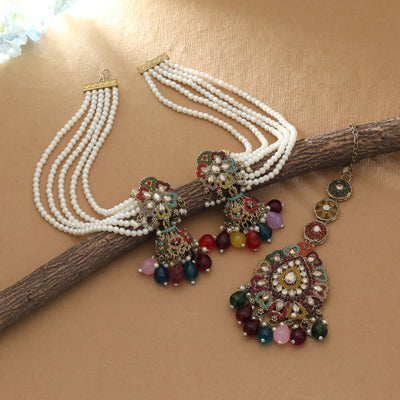 Multi Color Kundan Earrings Tikka Set