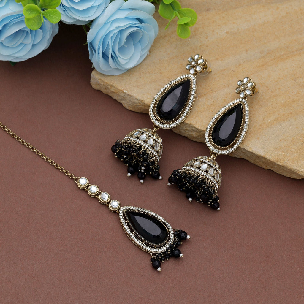 Black Color Kundan Earrings Tikka Set Ethnic Fashion