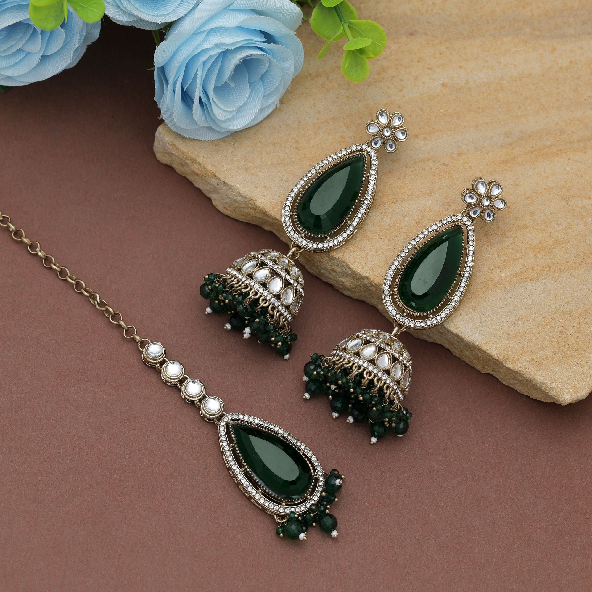Green Color Kundan Earrings Tikka Set Festive Jewelry