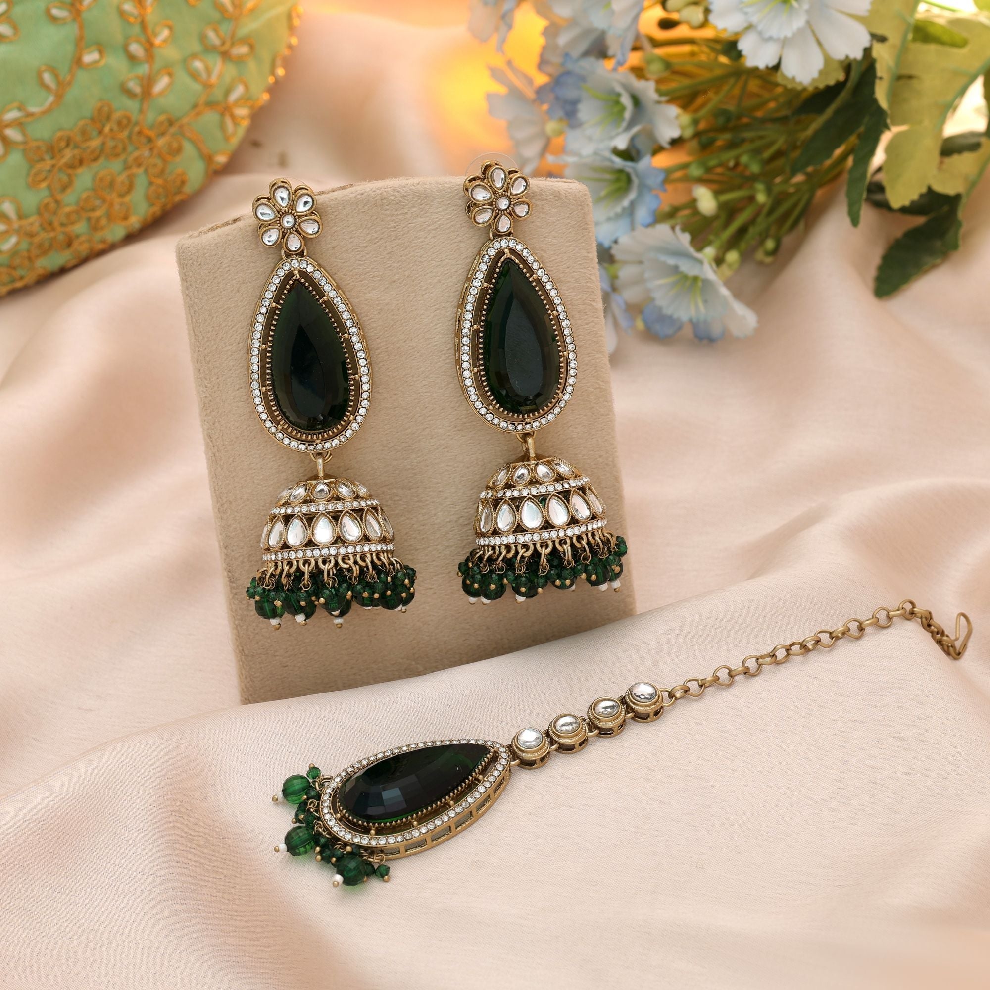 Green Color Kundan Earrings Tikka Set Festive Jewelry
