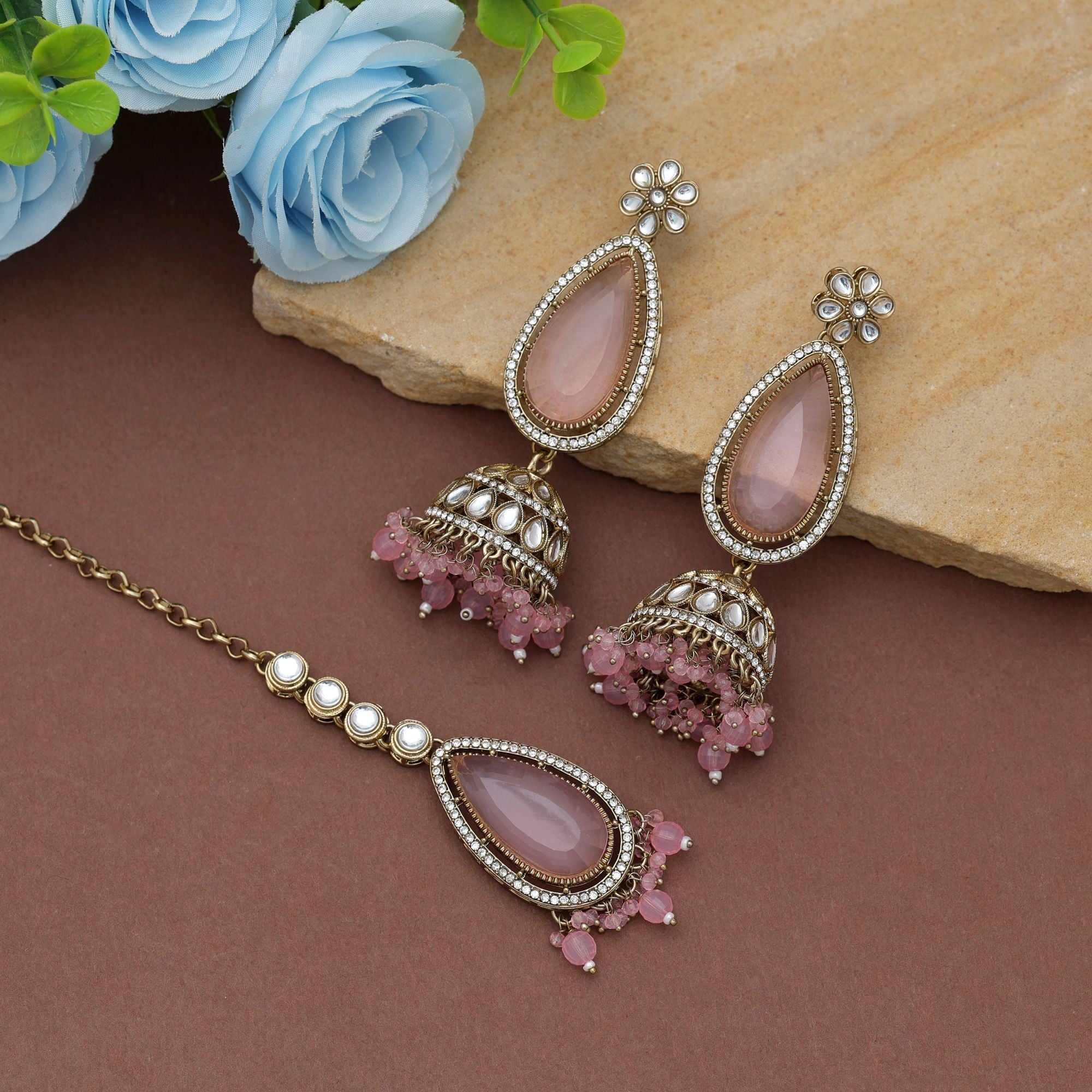 Light Pink Color Kundan Earrings Tikka Set Traditional