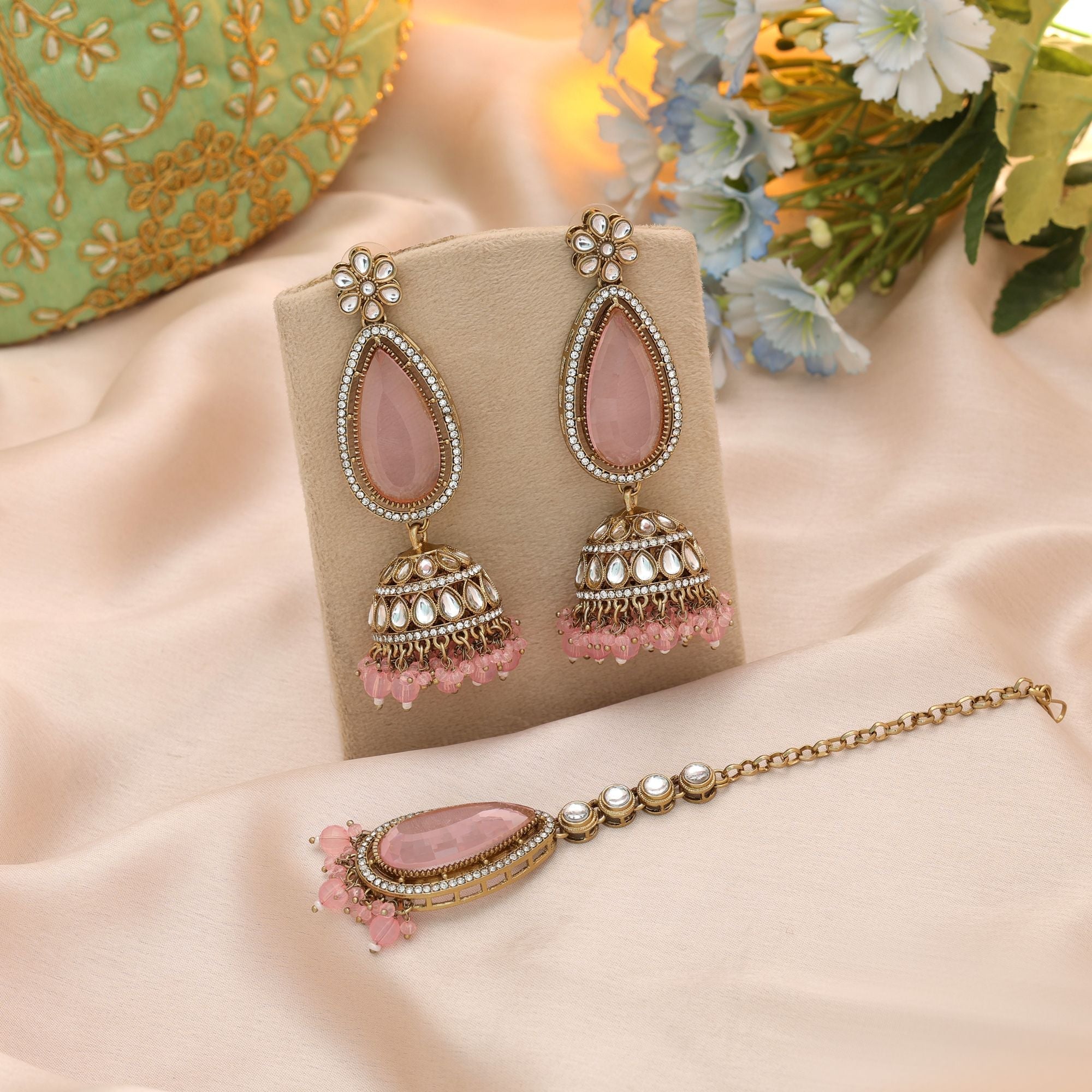 Light Pink Color Kundan Earrings Tikka Set Traditional
