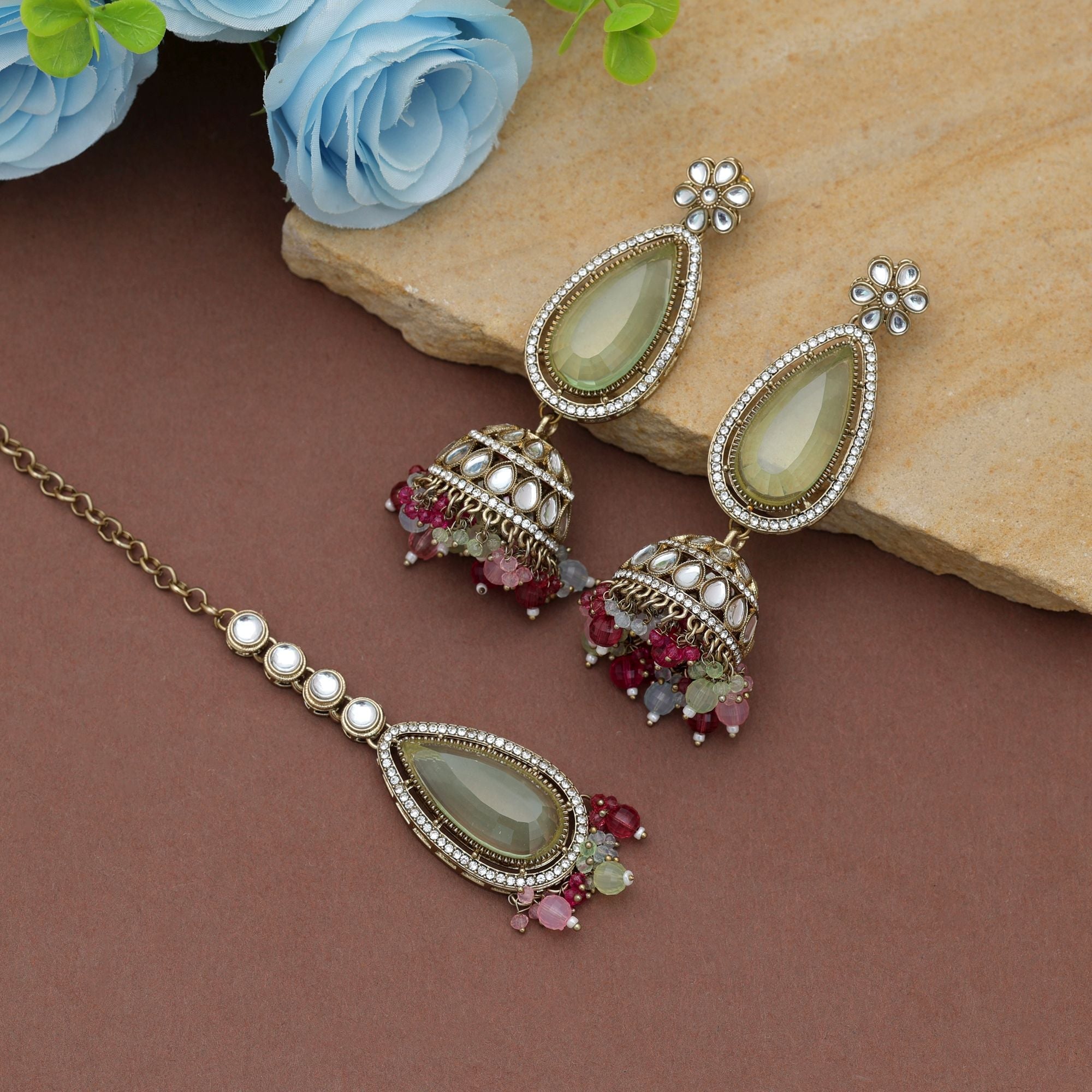 Multi Color Kundan Earrings Tikka Set Wedding Style