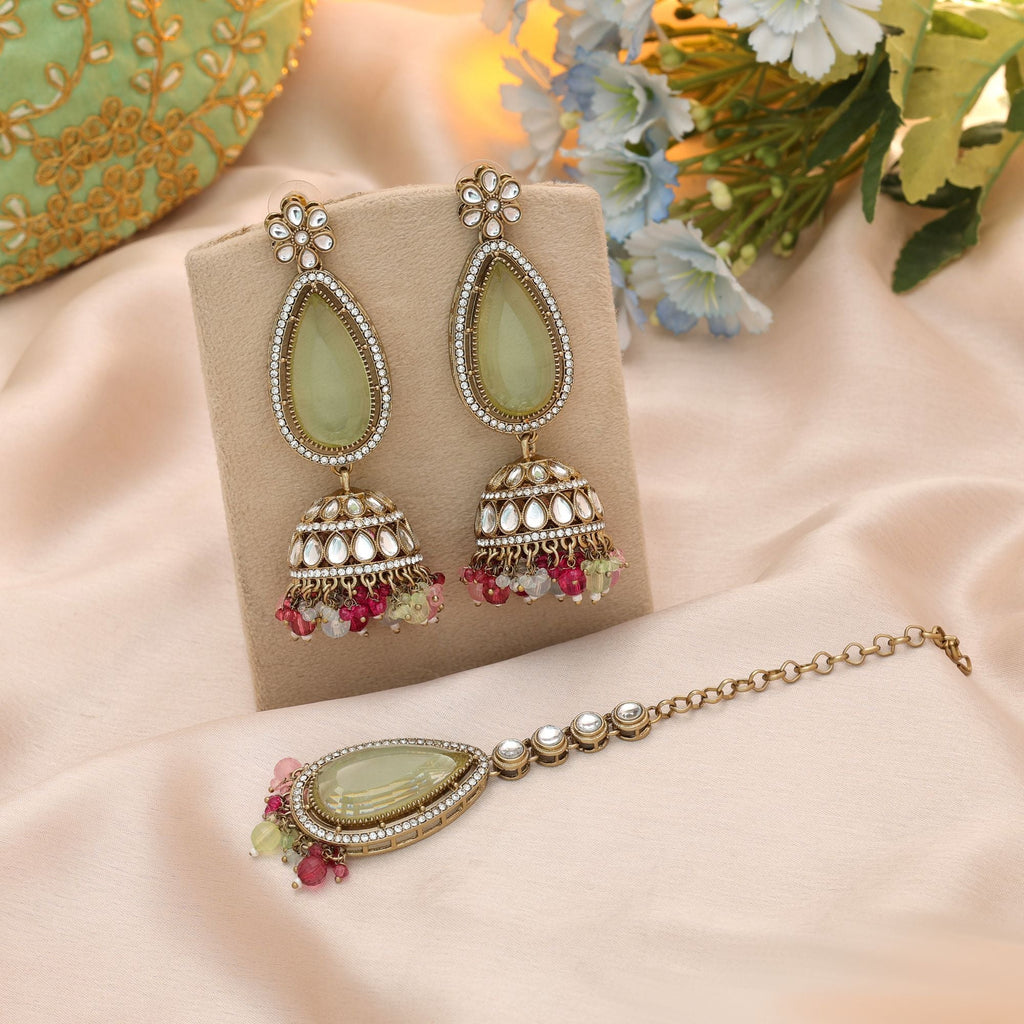 Multi Color Kundan Earrings Tikka Set Wedding Style