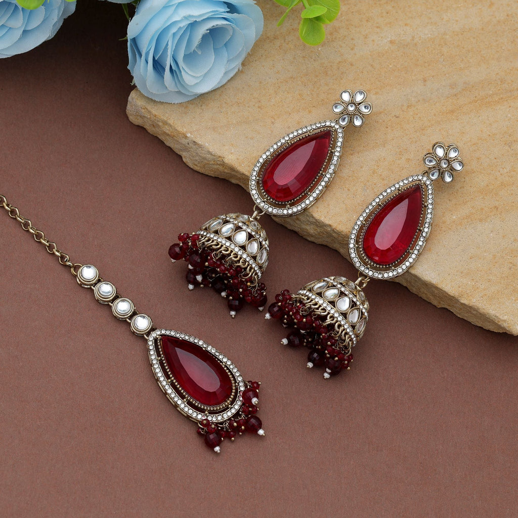 Maroon Color Kundan Earrings Tikka Set Bridal Wear