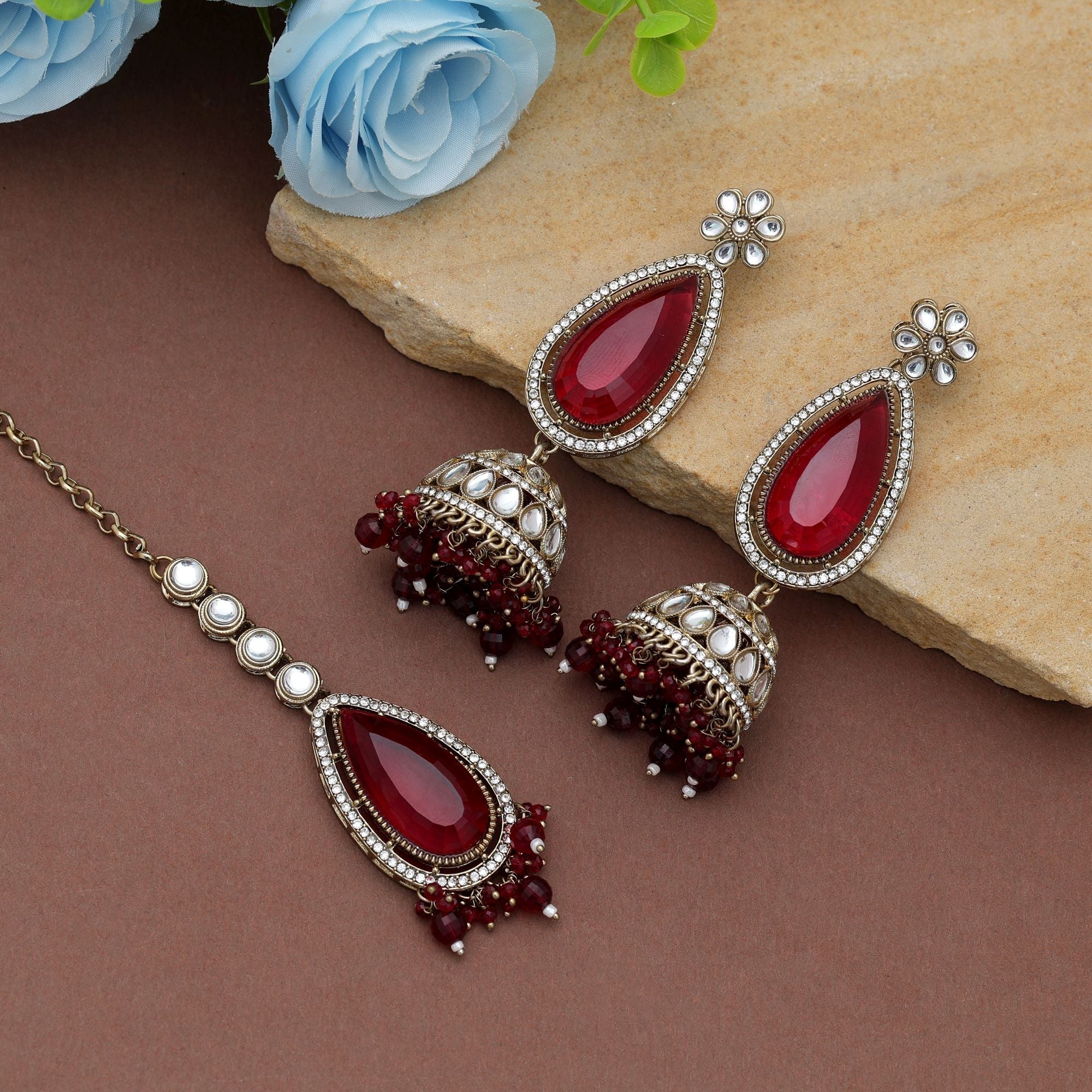 Maroon Color Kundan Earrings Tikka Set Bridal Wear