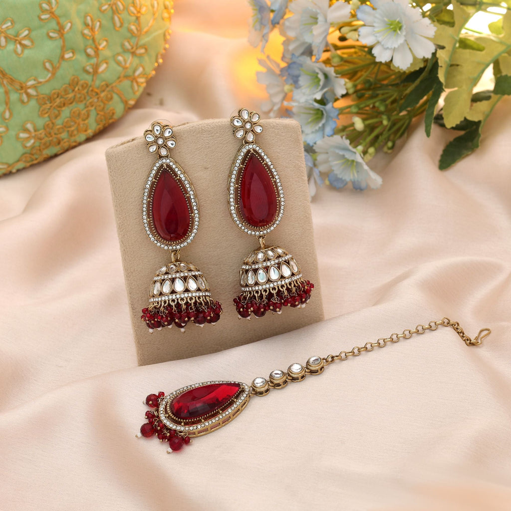 Maroon Color Kundan Earrings Tikka Set Bridal Wear