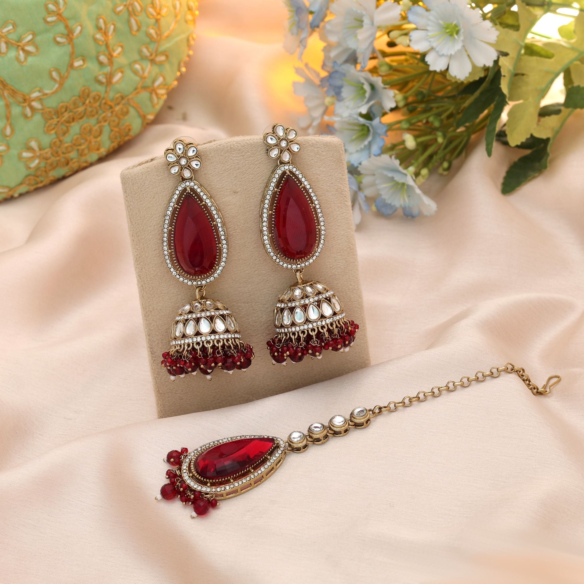 Maroon Color Kundan Earrings Tikka Set Bridal Wear