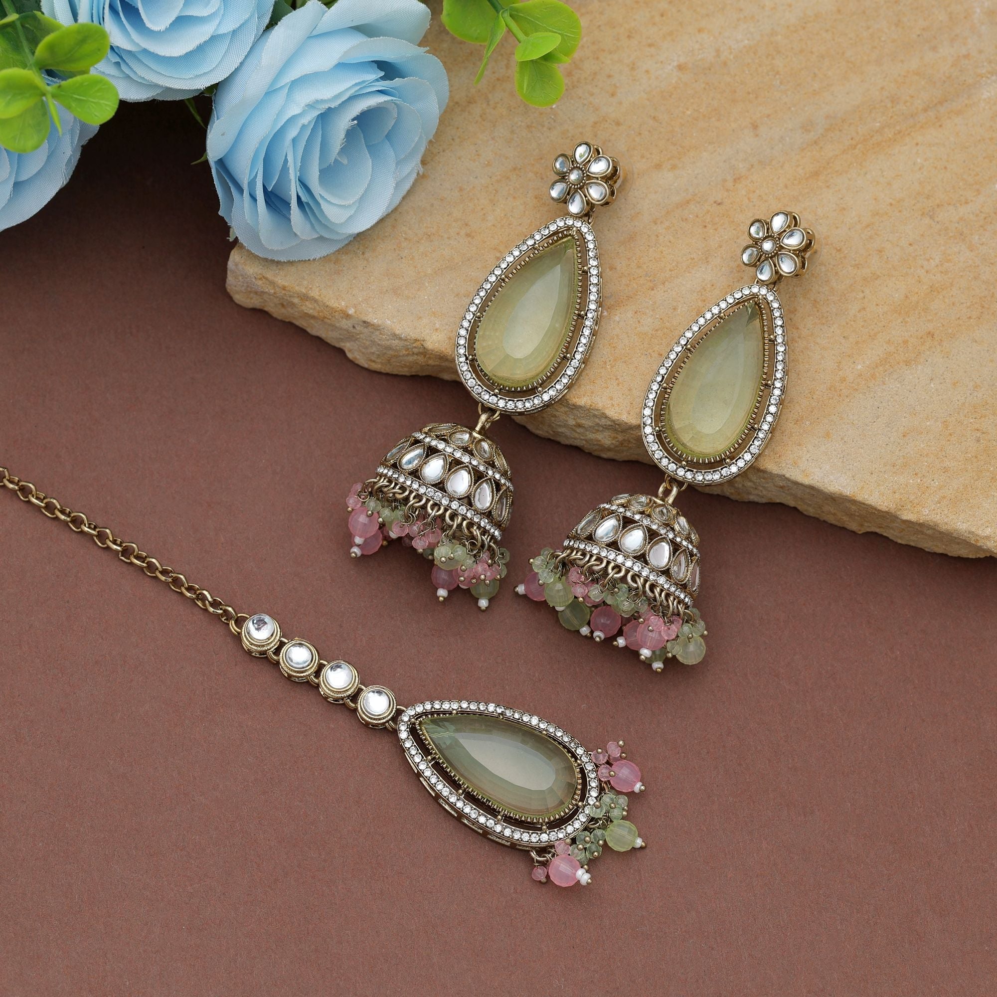 Pista Green & Pink Kundan Earrings Tikka Set Women
