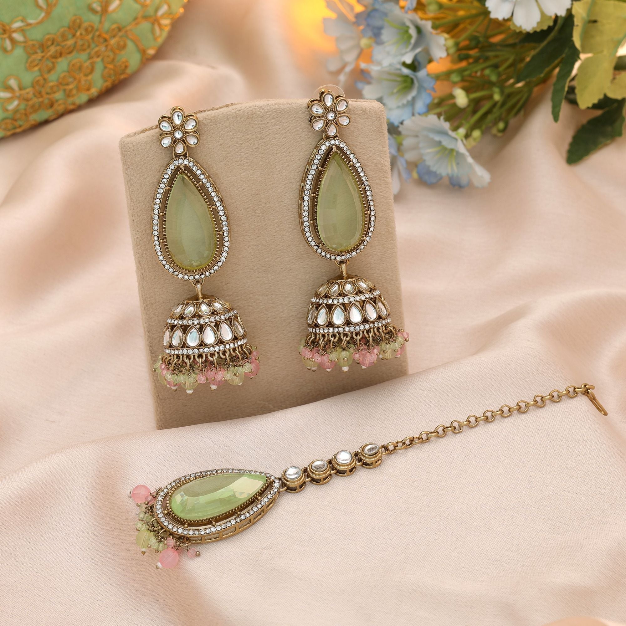Pista Green & Pink Kundan Earrings Tikka Set Women