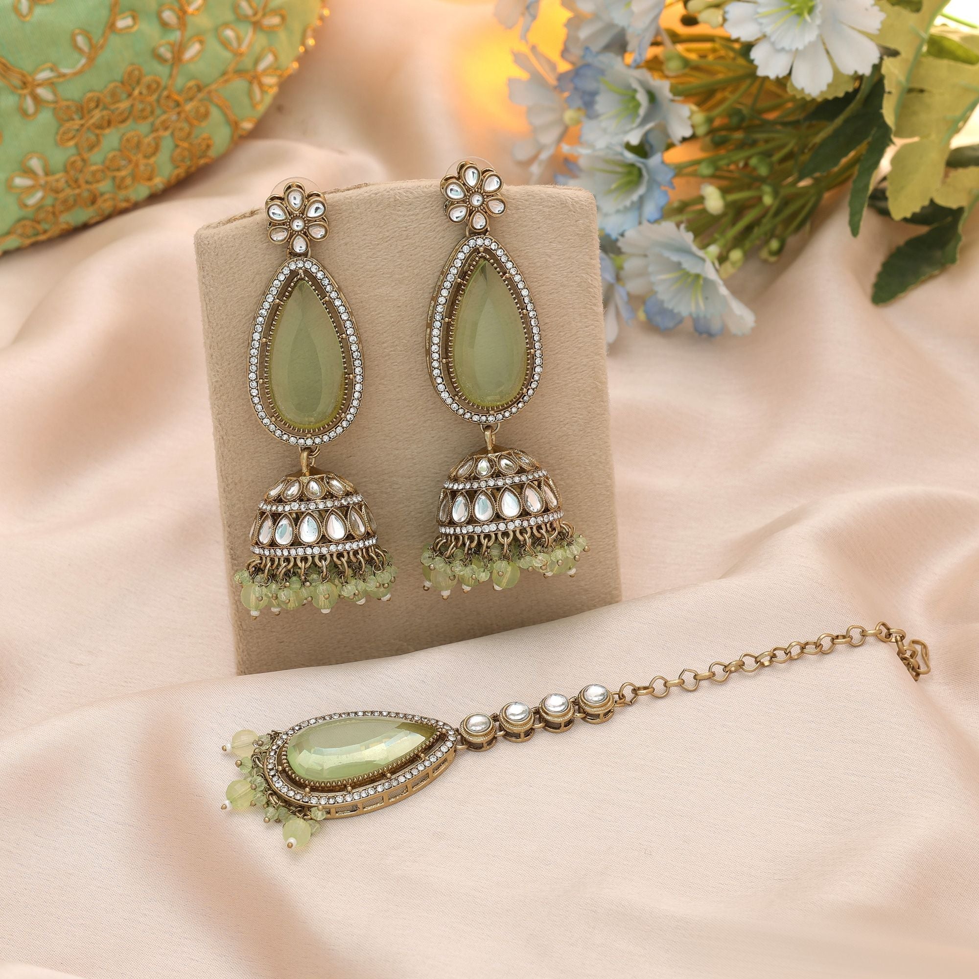 Pista Green Color Kundan Earrings Tikka Set Party Wear