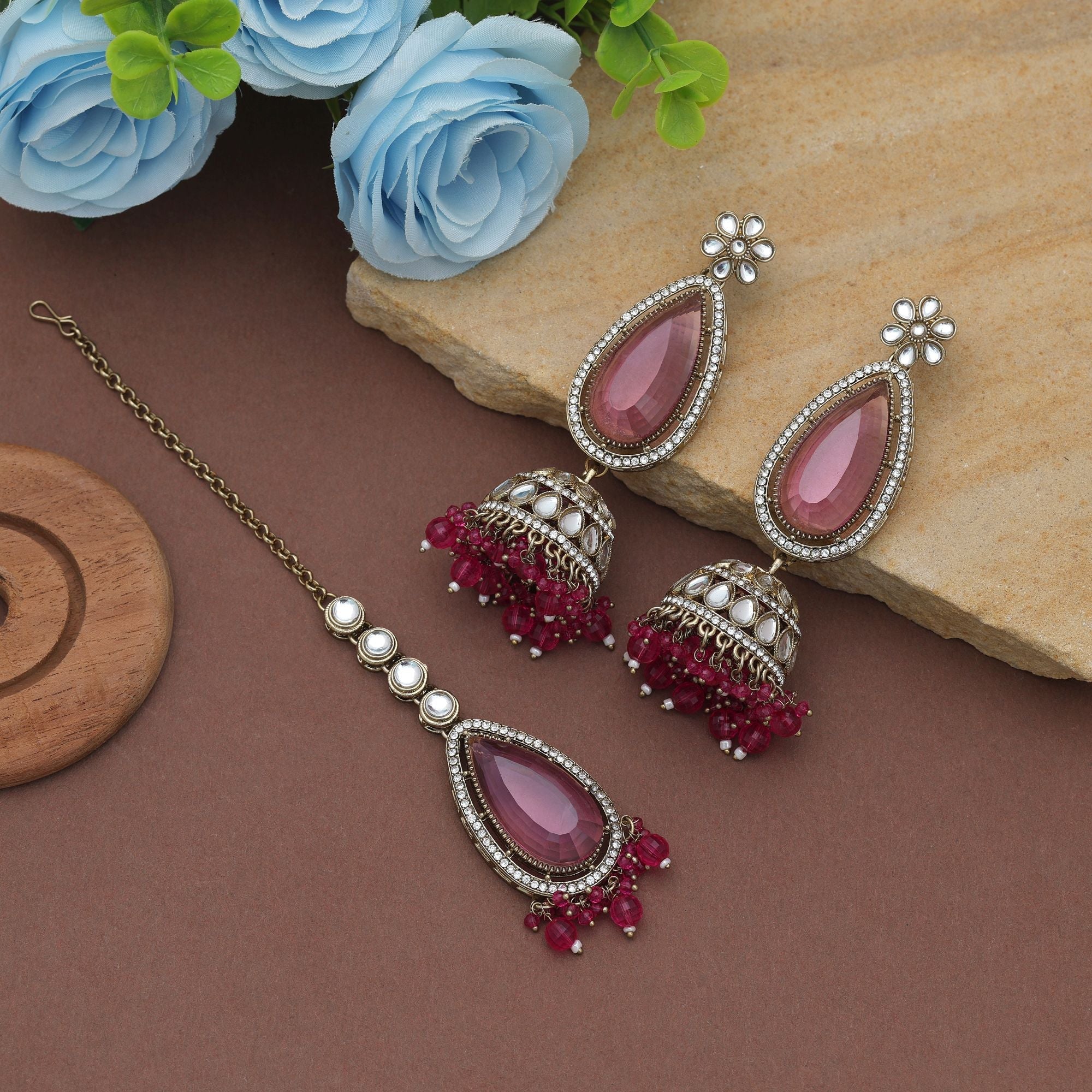 Rani Color Kundan Earrings Tikka Set Bridal Design