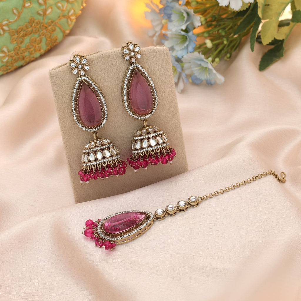 Rani Color Kundan Earrings Tikka Set Bridal Design