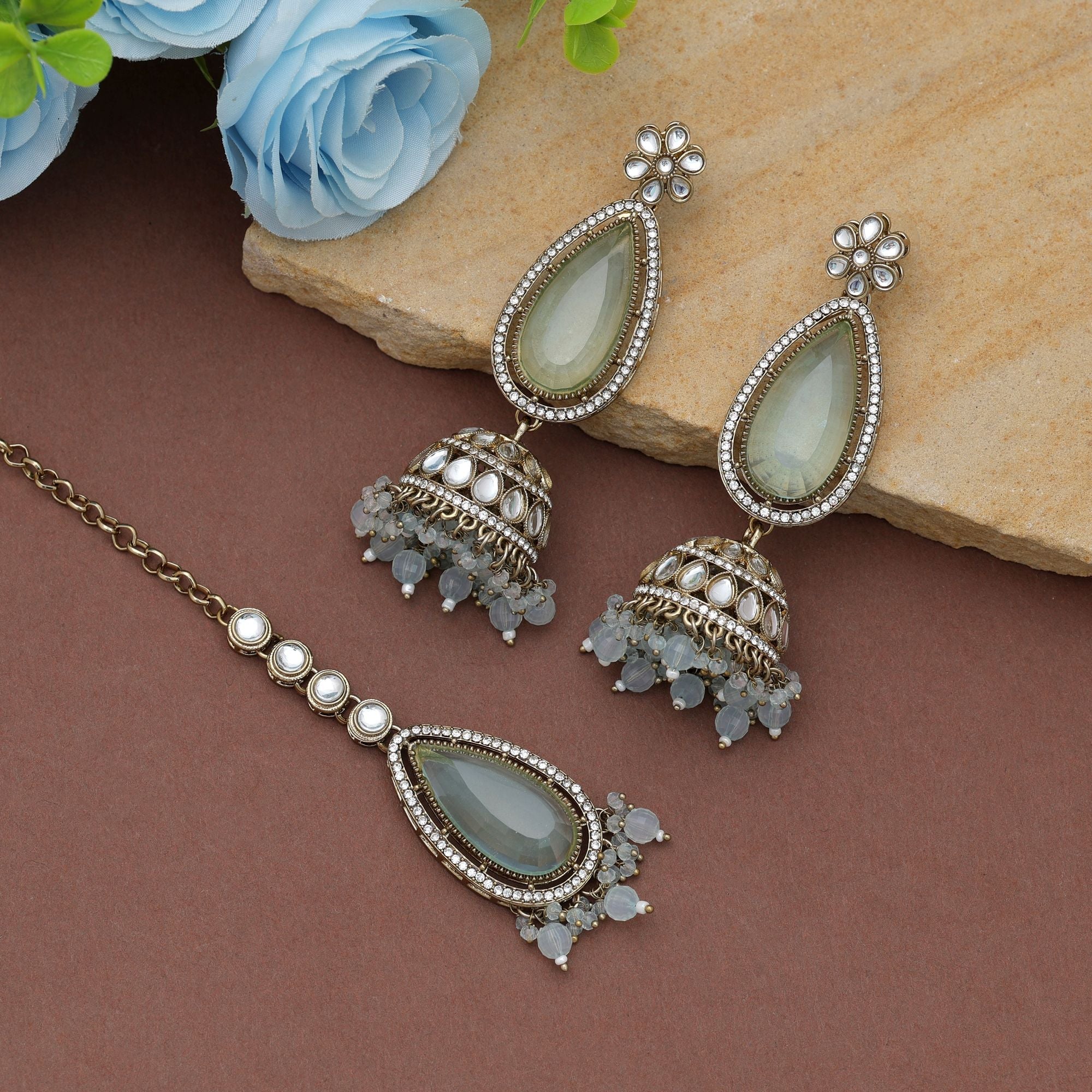 Sky Blue Color Kundan Earrings Tikka Set Ethnic Style
