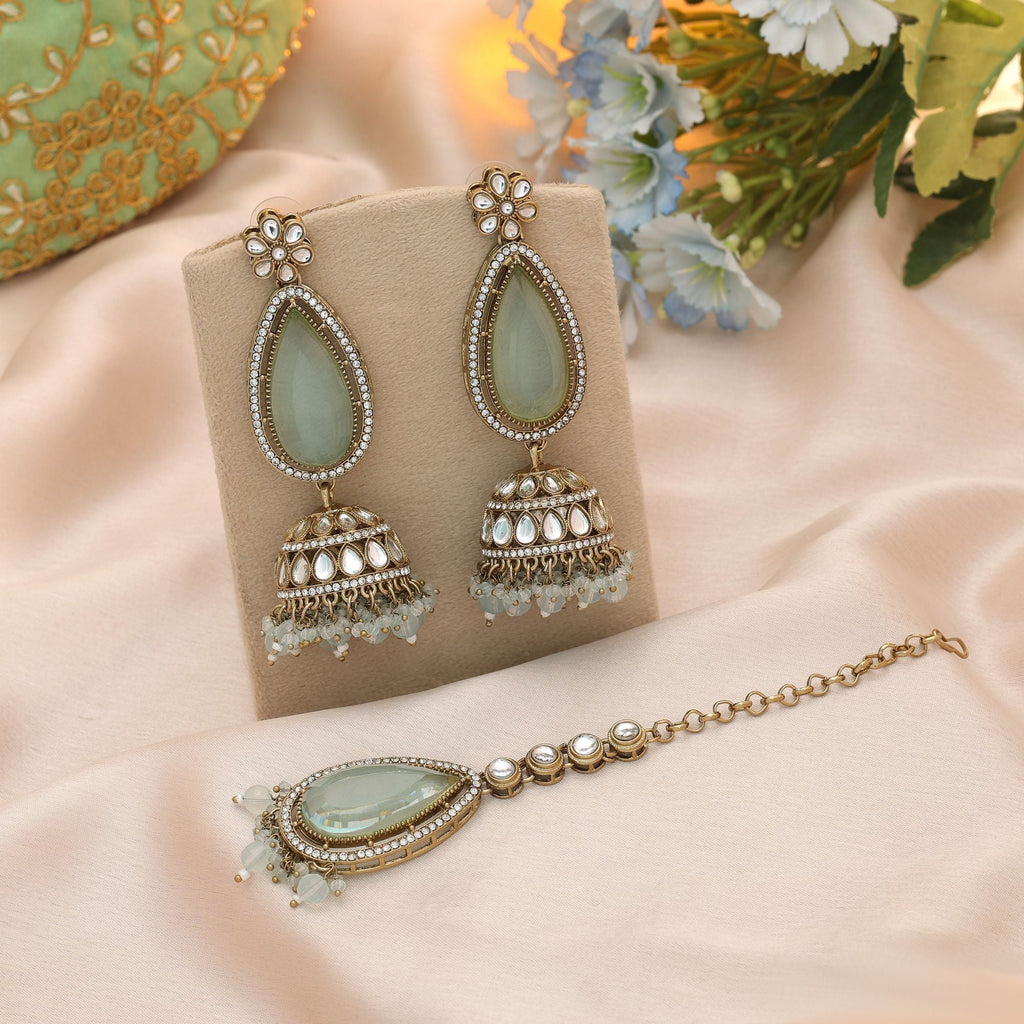 Sky Blue Color Kundan Earrings Tikka Set Ethnic Style