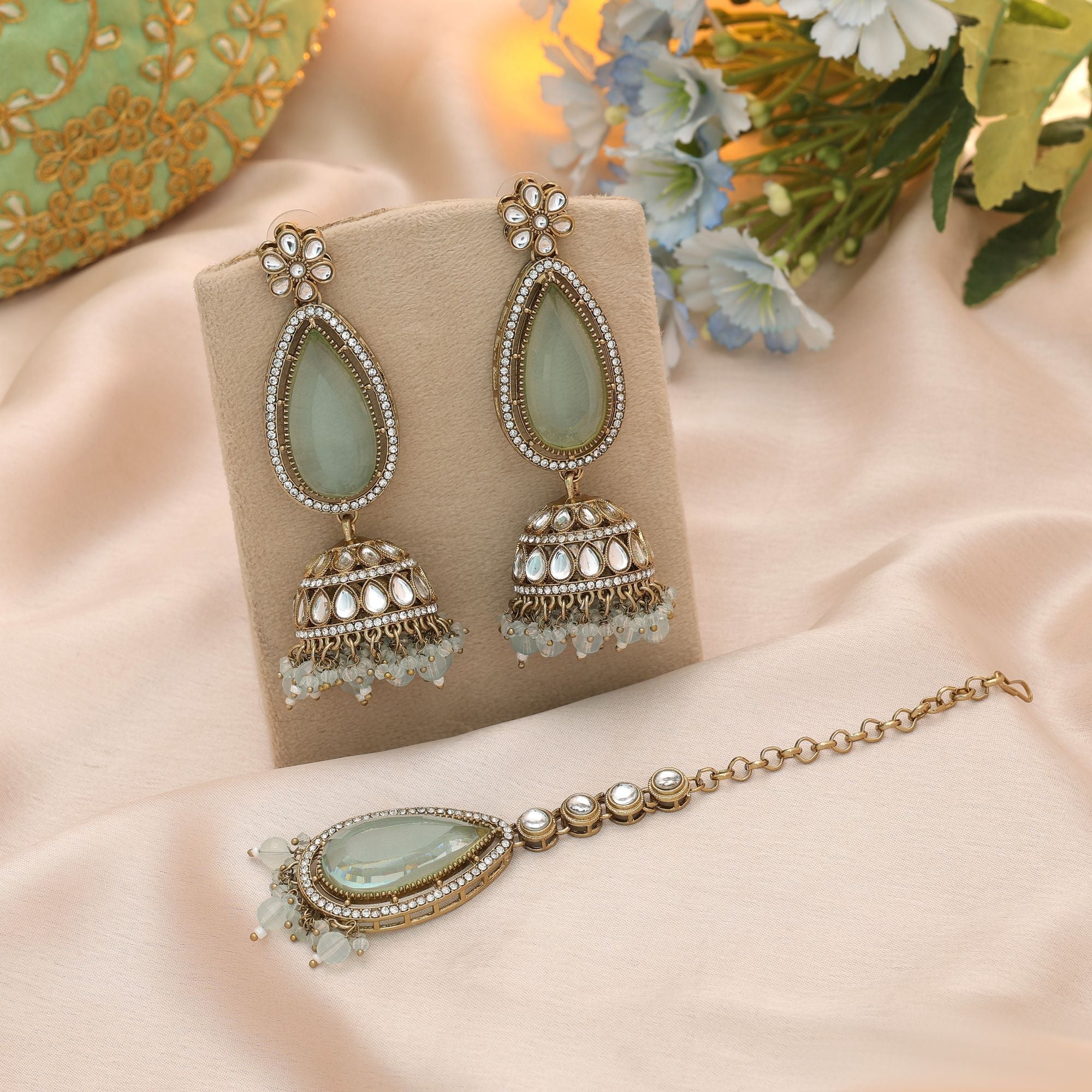 Sky Blue Color Kundan Earrings Tikka Set Ethnic Style