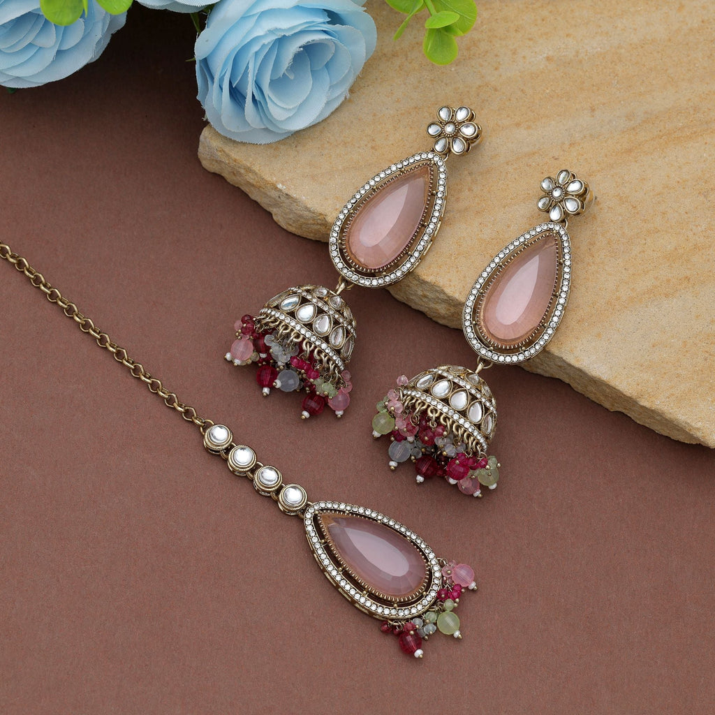 Multi Color Kundan Earrings Tikka Set Traditional Design