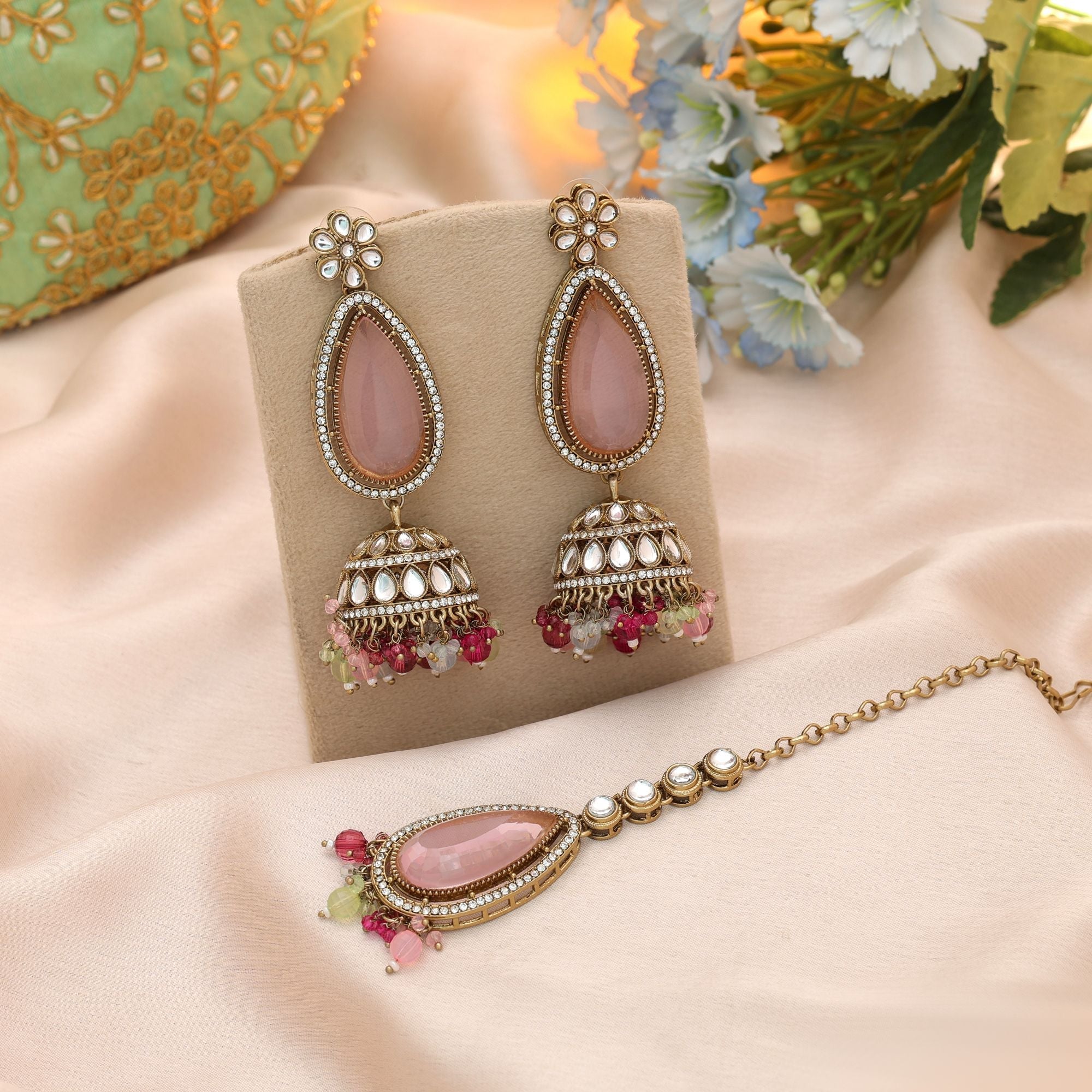 Multi Color Kundan Earrings Tikka Set Traditional Design