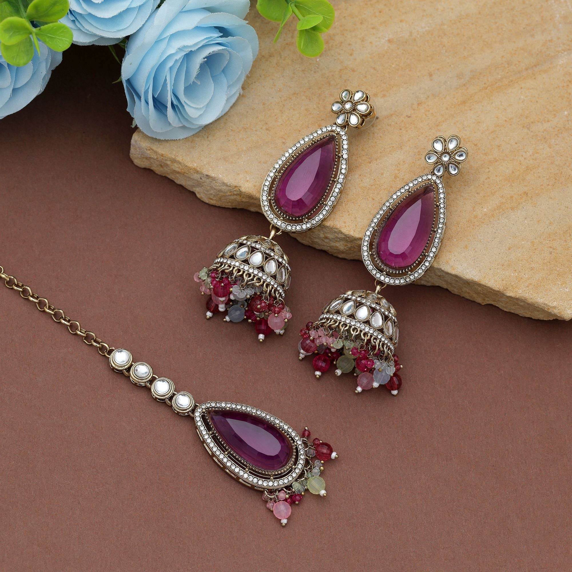 Multi Color Kundan Earrings Tikka Set Party Collection