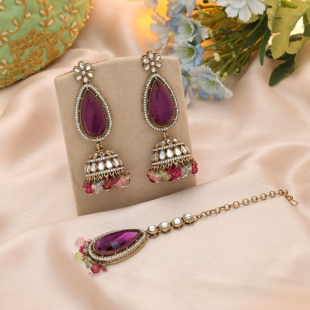 Multi Color Kundan Earrings Tikka Set Party Collection