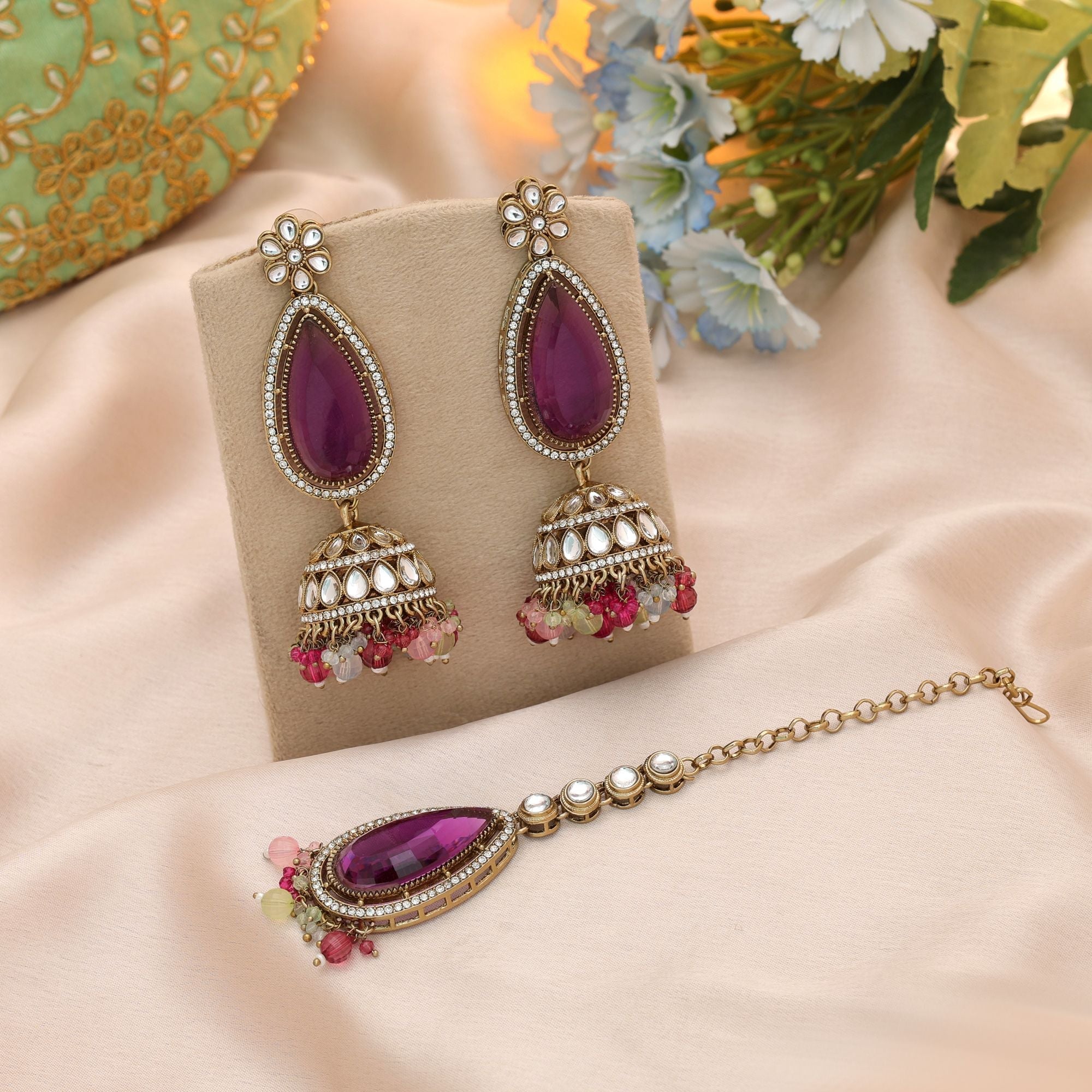 Multi Color Kundan Earrings Tikka Set Party Collection