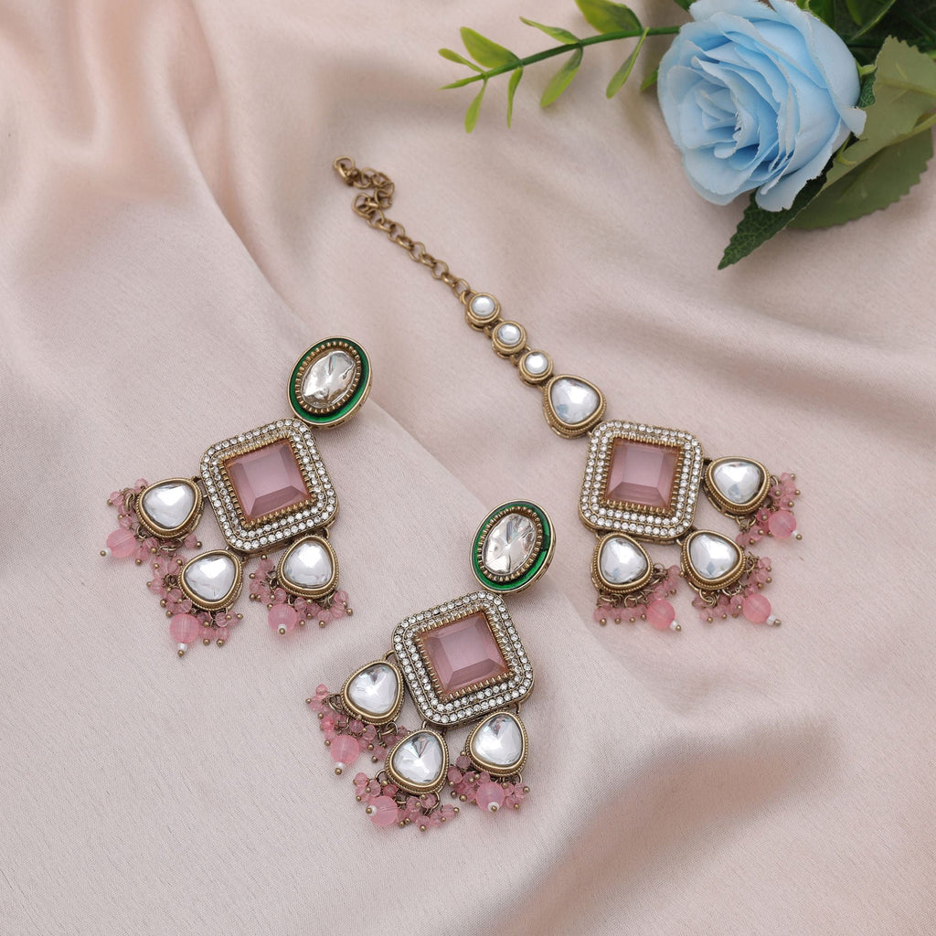 Light Pink Color Kundan Earrings Tikka Set Wedding Fashion