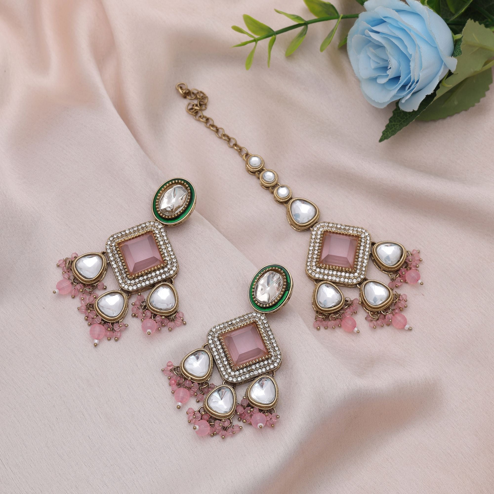 Light Pink Color Kundan Earrings Tikka Set Wedding Fashion