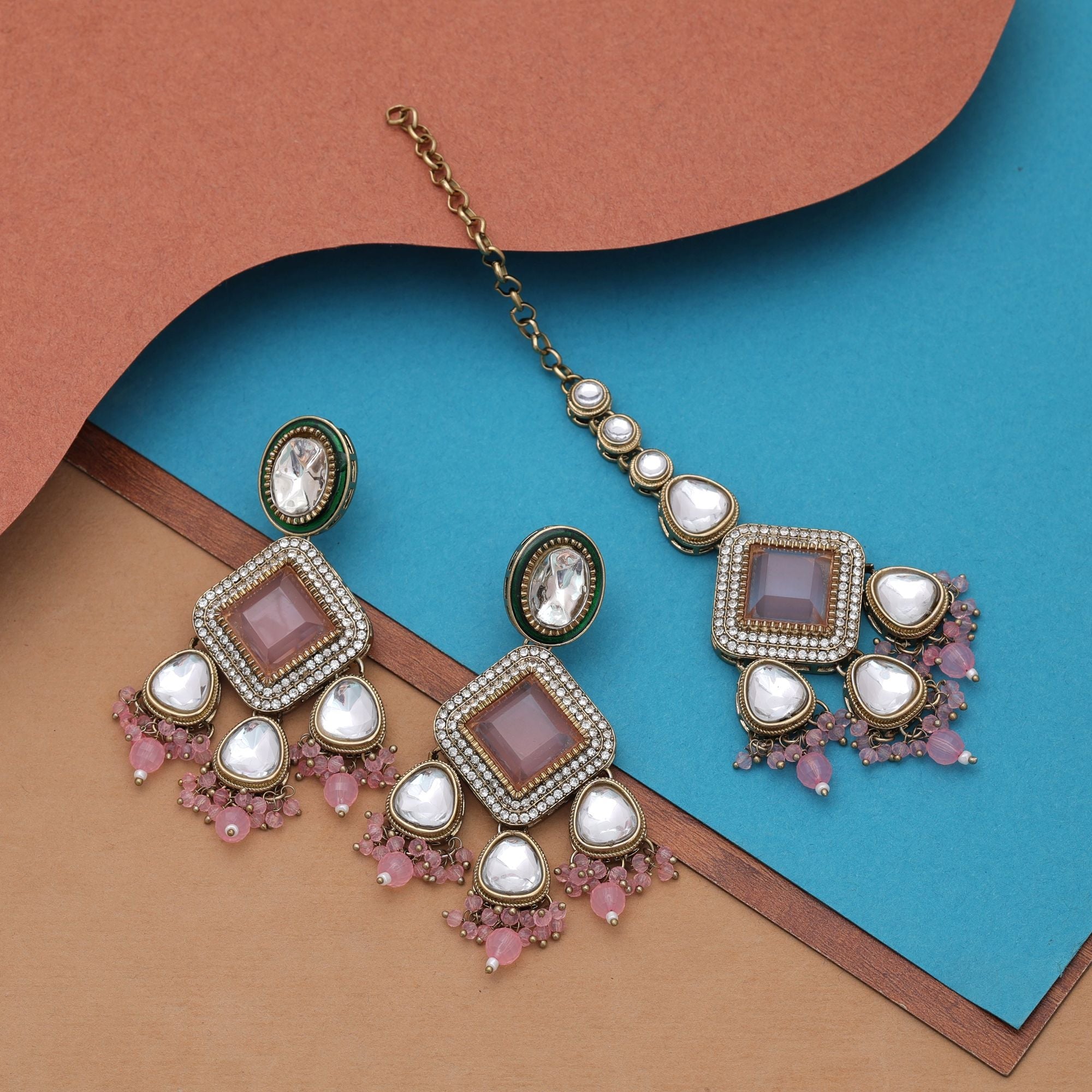 Light Pink Color Kundan Earrings Tikka Set Wedding Fashion