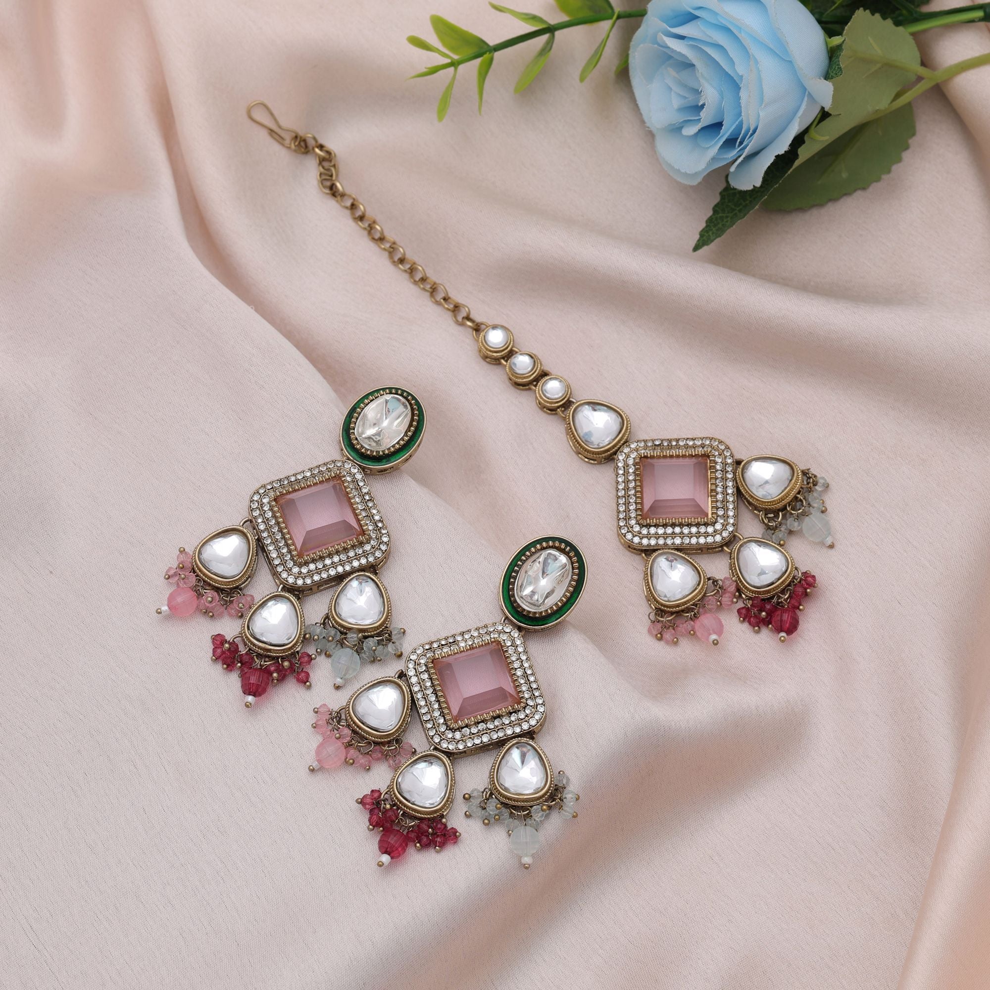 Multi Color Kundan Earrings Tikka Set Bridal Jewelry