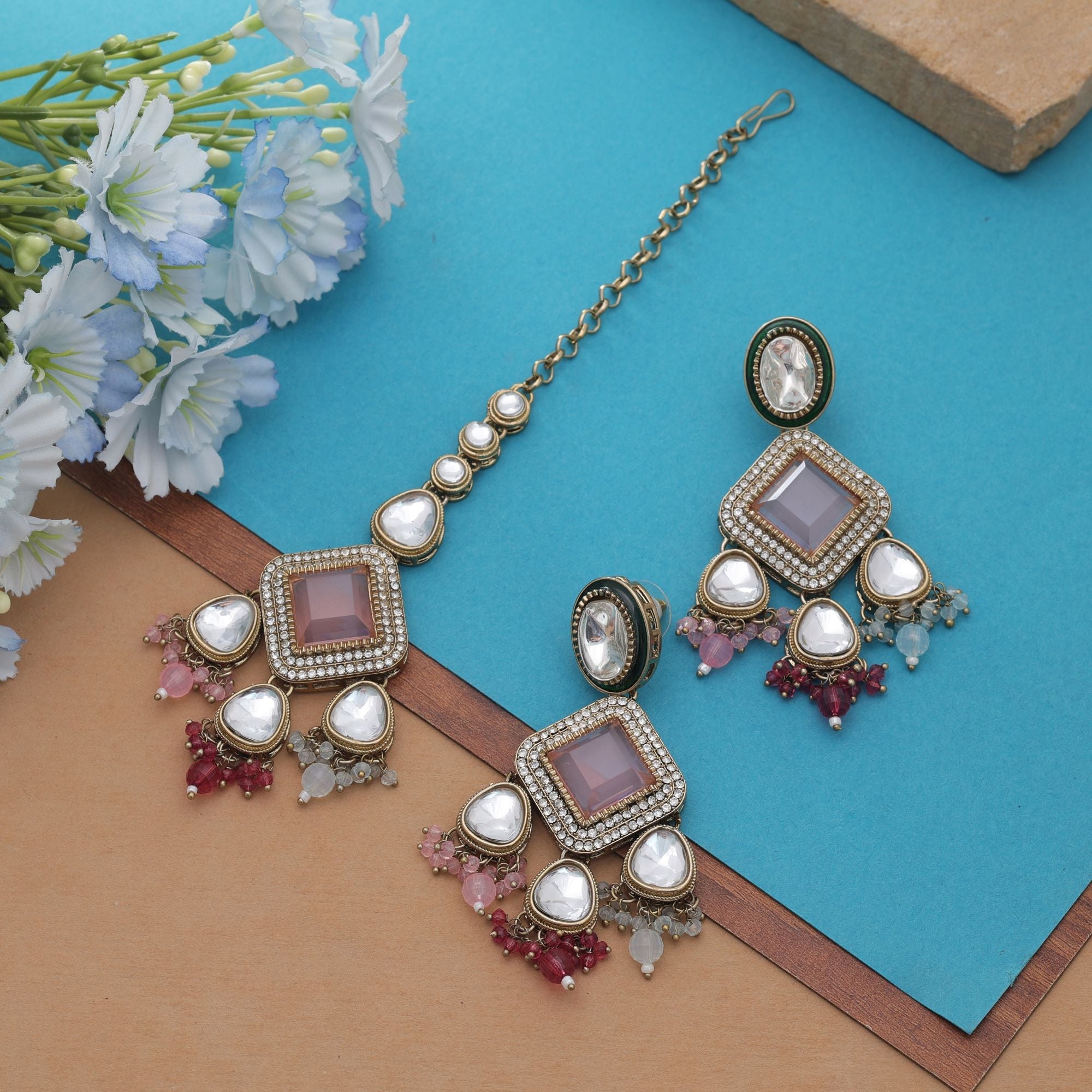 Multi Color Kundan Earrings Tikka Set Bridal Jewelry