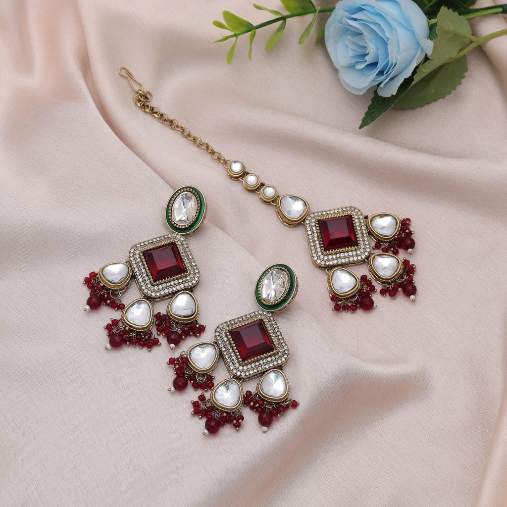 Maroon Color Kundan Earrings Tikka Set Antique Bridal
