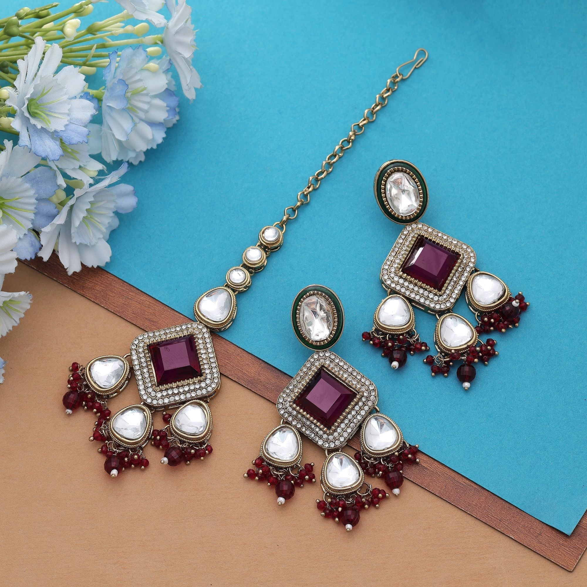Maroon Color Kundan Earrings Tikka Set Antique Bridal