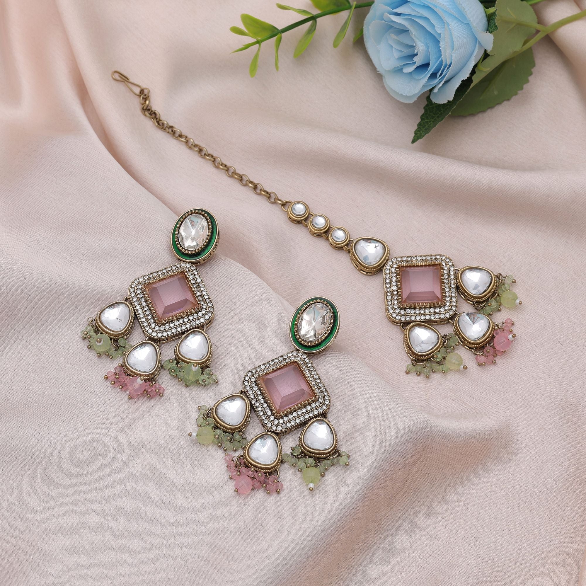 Pink & Pista Green Kundan Earrings Tikka Set Women