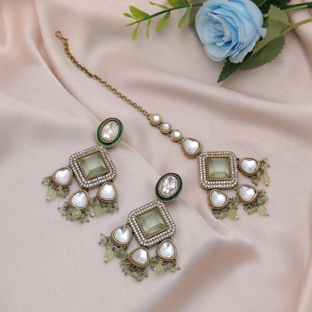 Pista Green Color Kundan Earrings Tikka Set Ethnic Wear