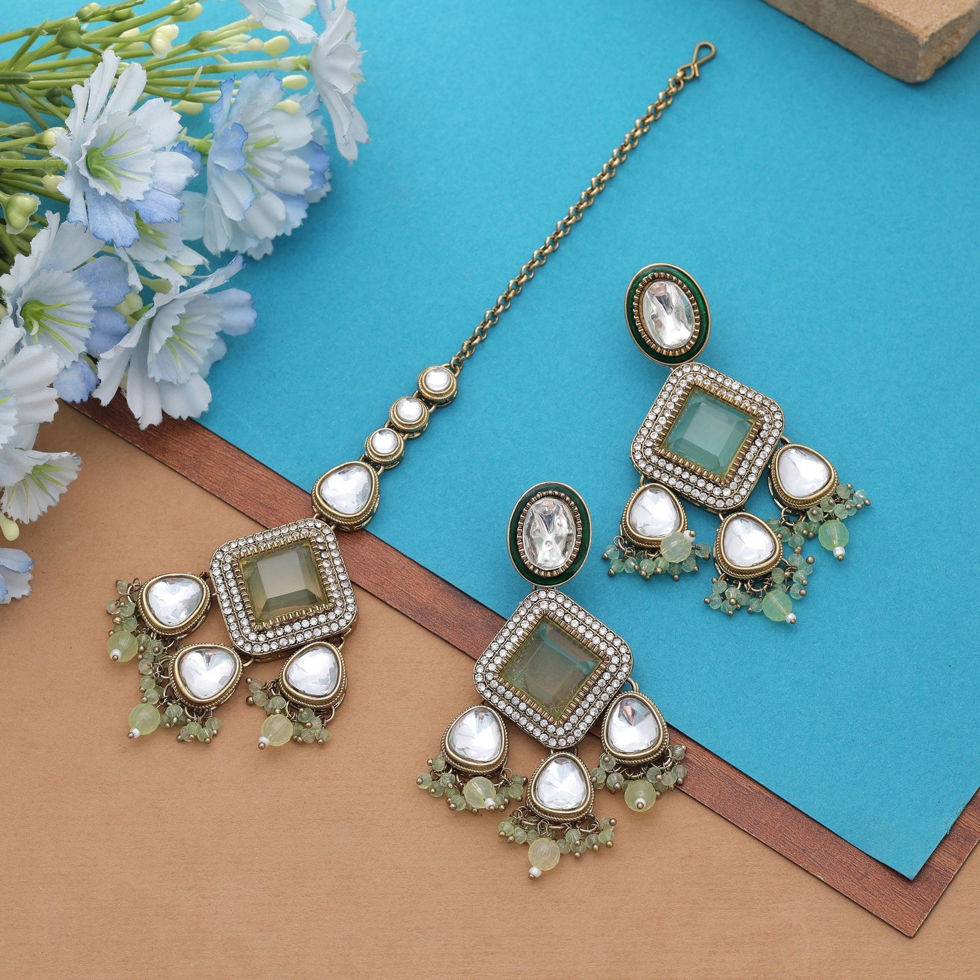 Pista Green Color Kundan Earrings Tikka Set Ethnic Wear