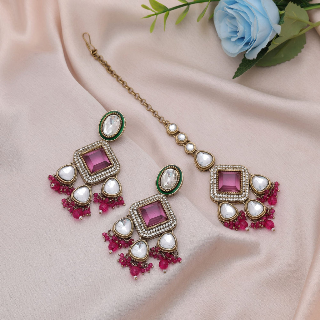 Rani Color Kundan Earrings Tikka Set Traditional Jewelry