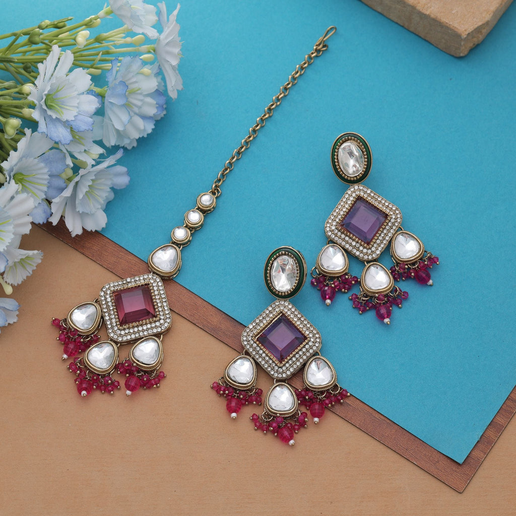 Rani Color Kundan Earrings Tikka Set Traditional Jewelry