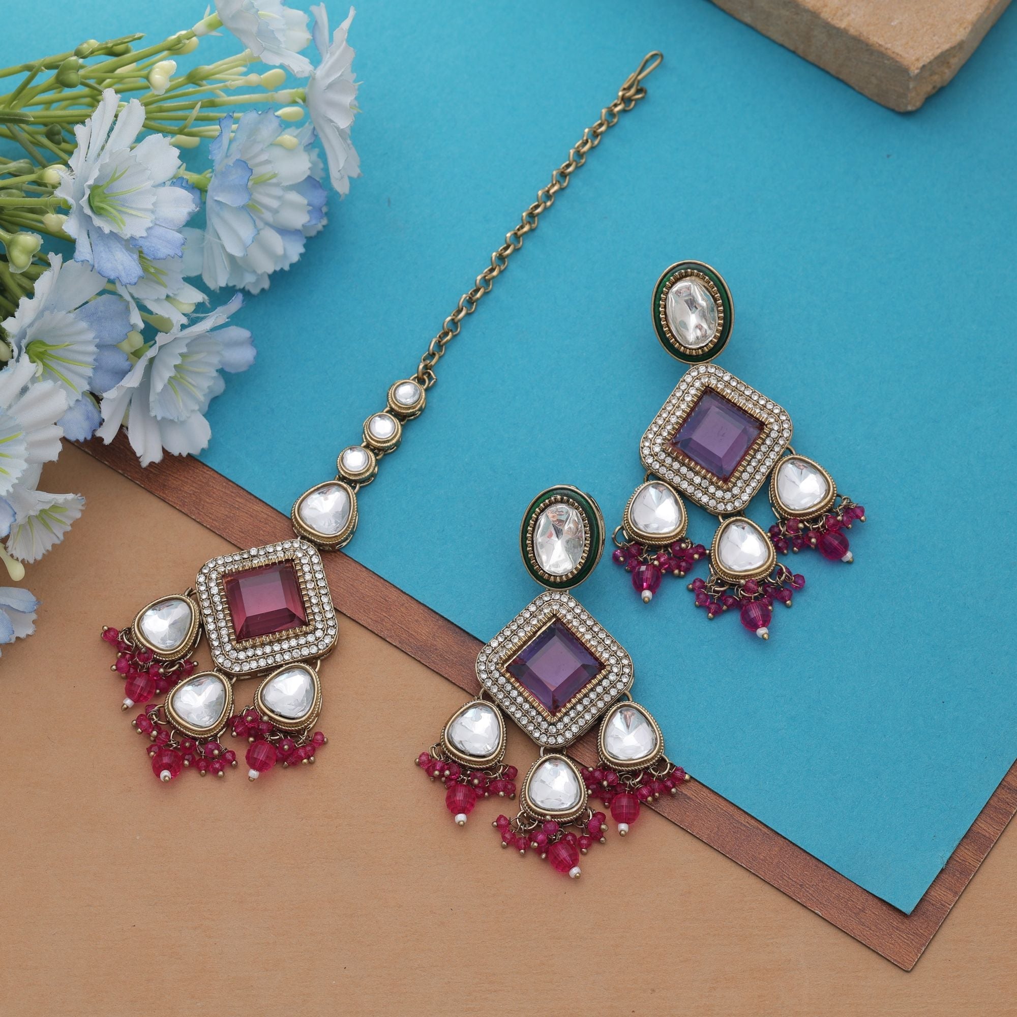 Rani Color Kundan Earrings Tikka Set Traditional Jewelry