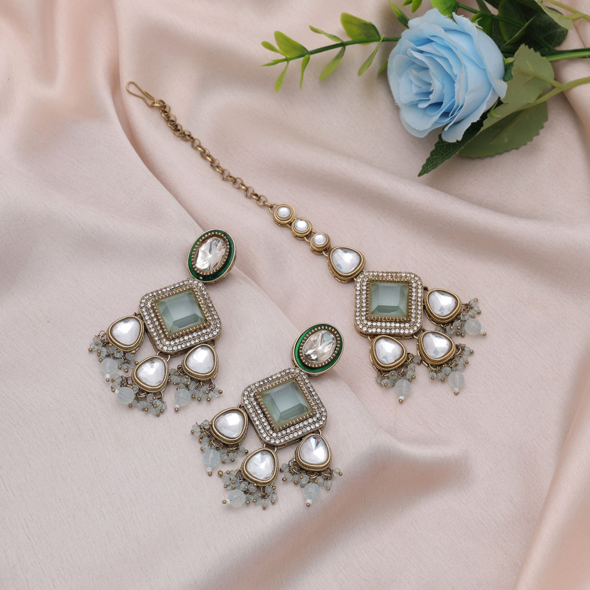 Sky Blue Color Kundan Earrings Tikka Set Festive Wear