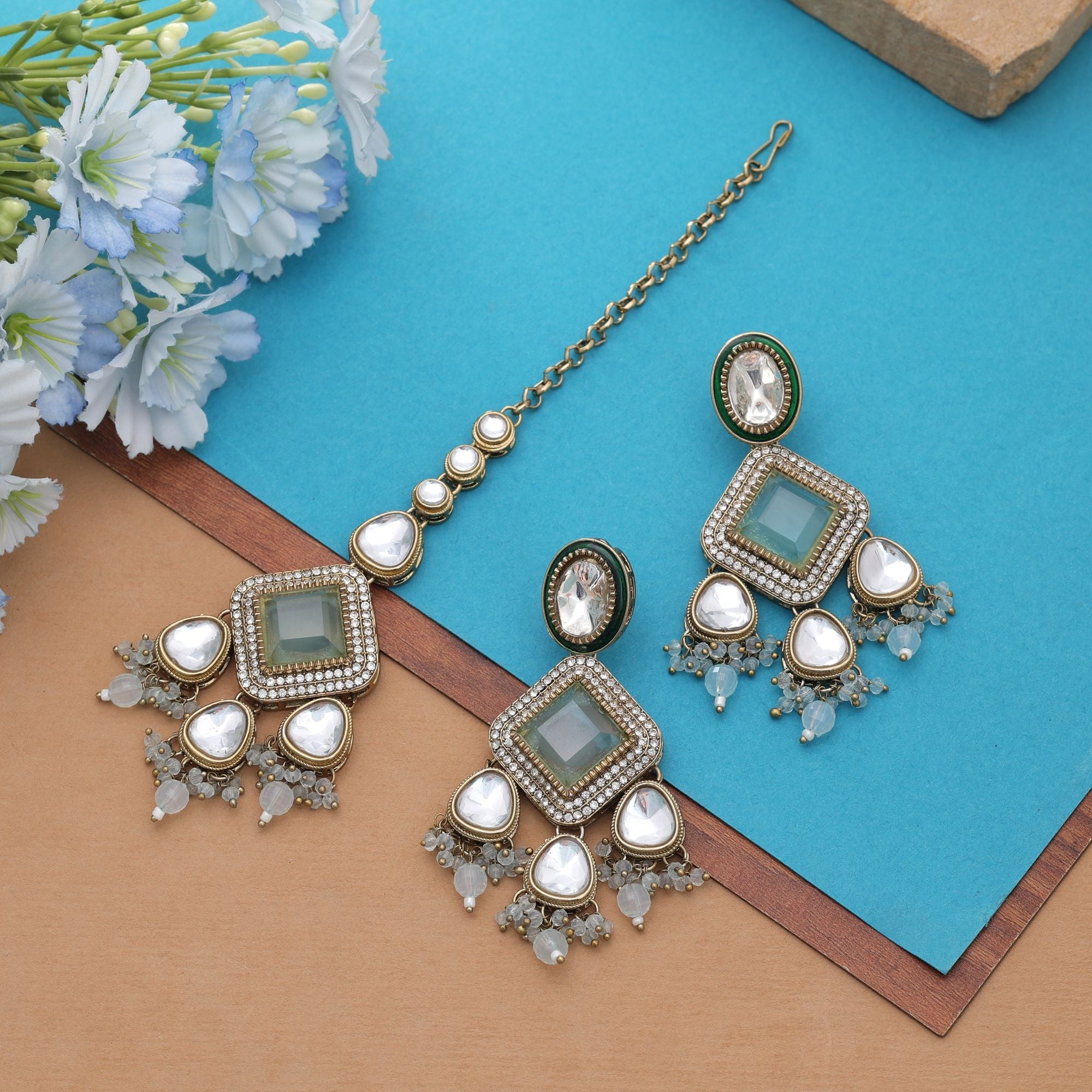 Sky Blue Color Kundan Earrings Tikka Set Festive Wear
