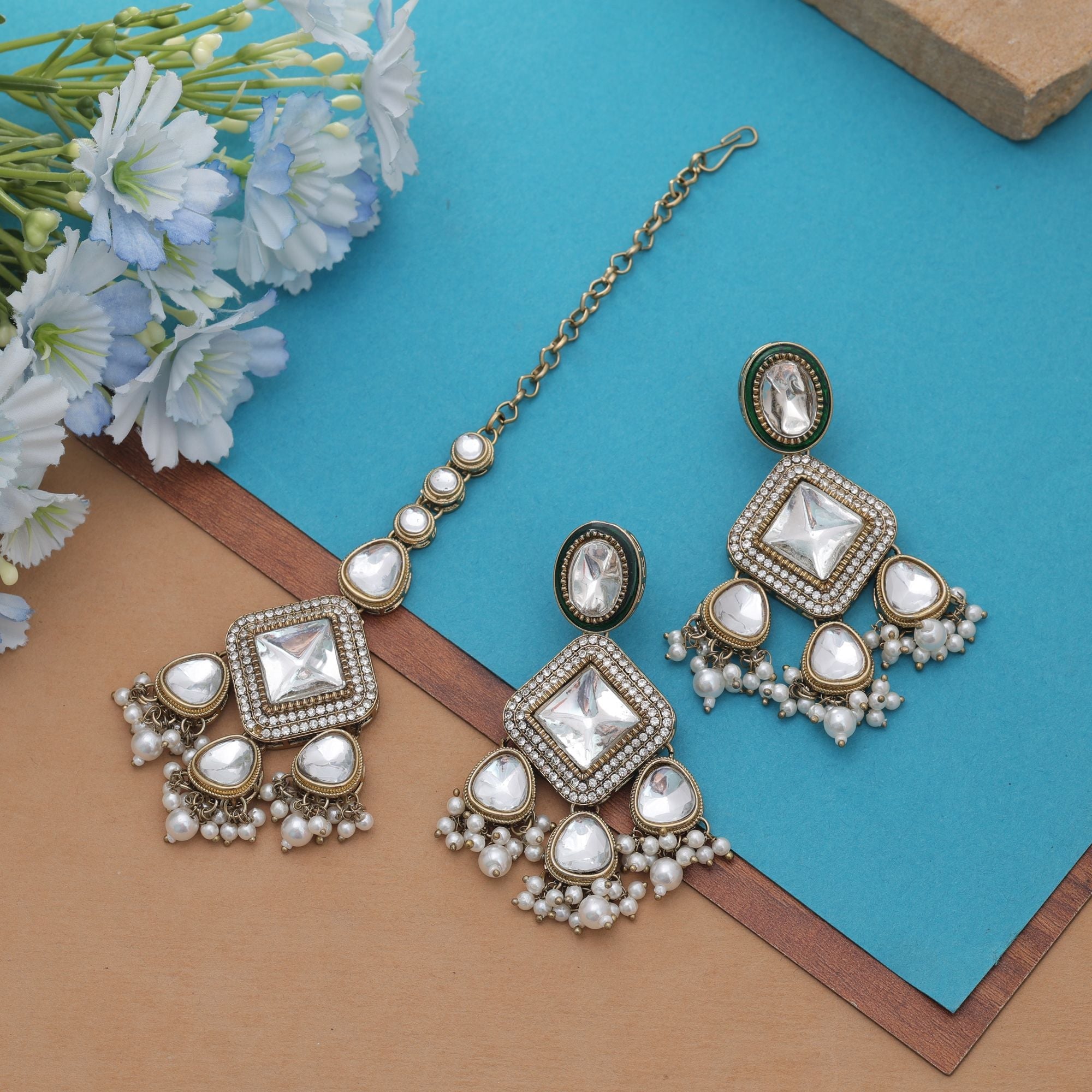 White Color Kundan Earrings Tikka Set Bridal Style