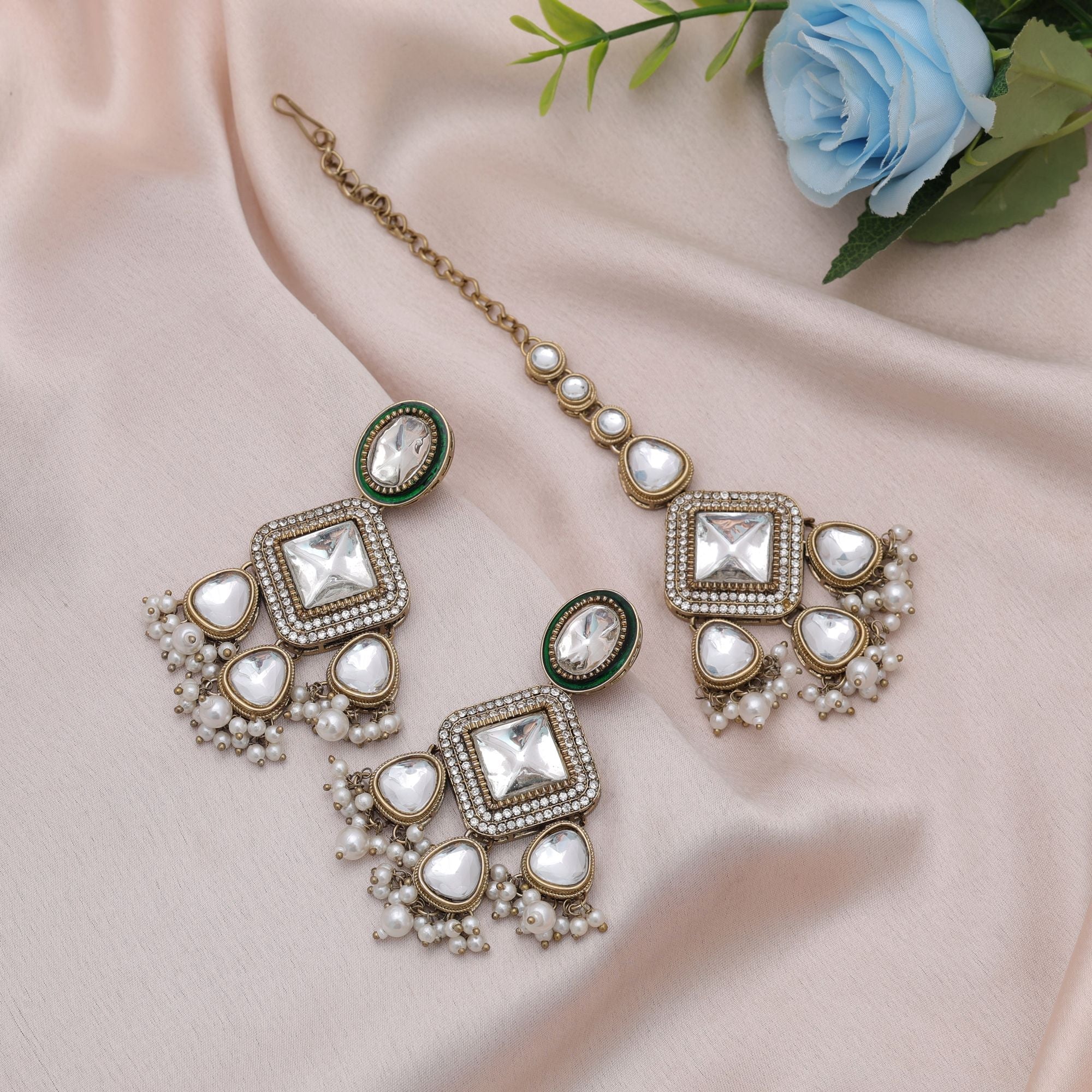 White Color Kundan Earrings Tikka Set Bridal Style