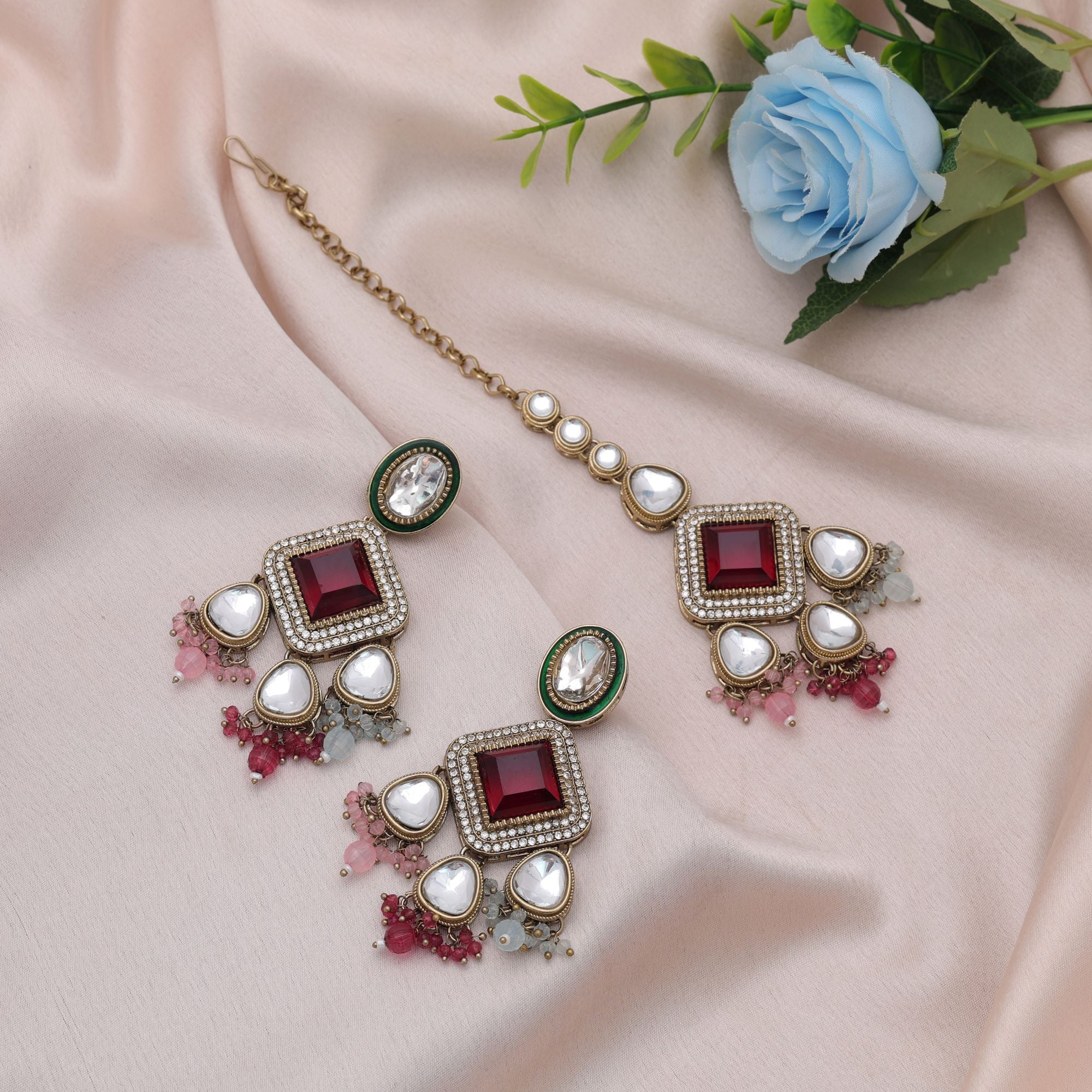 Multi Color Kundan Earrings Tikka Set Wedding Collection