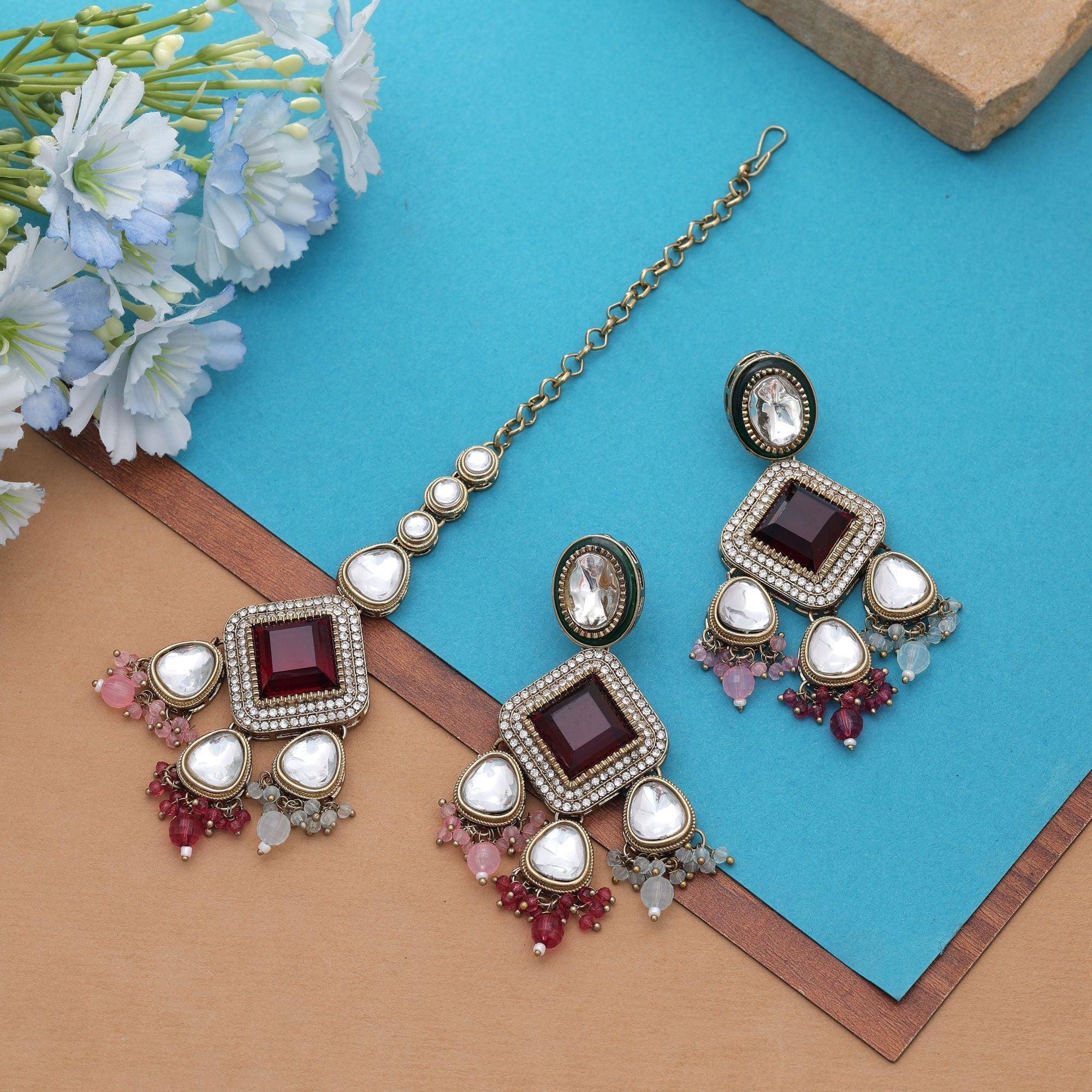 Multi Color Kundan Earrings Tikka Set Wedding Collection