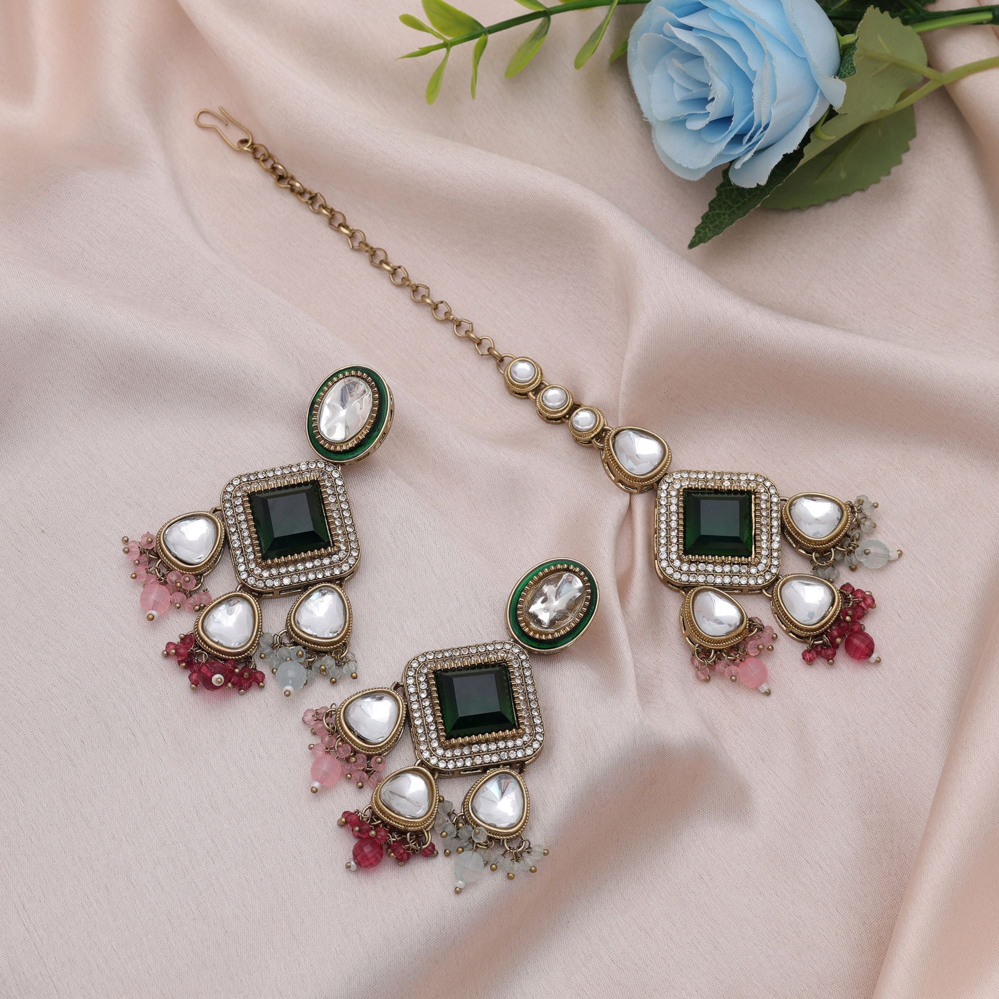 Multi Color Kundan Earrings Tikka Set Party Wear