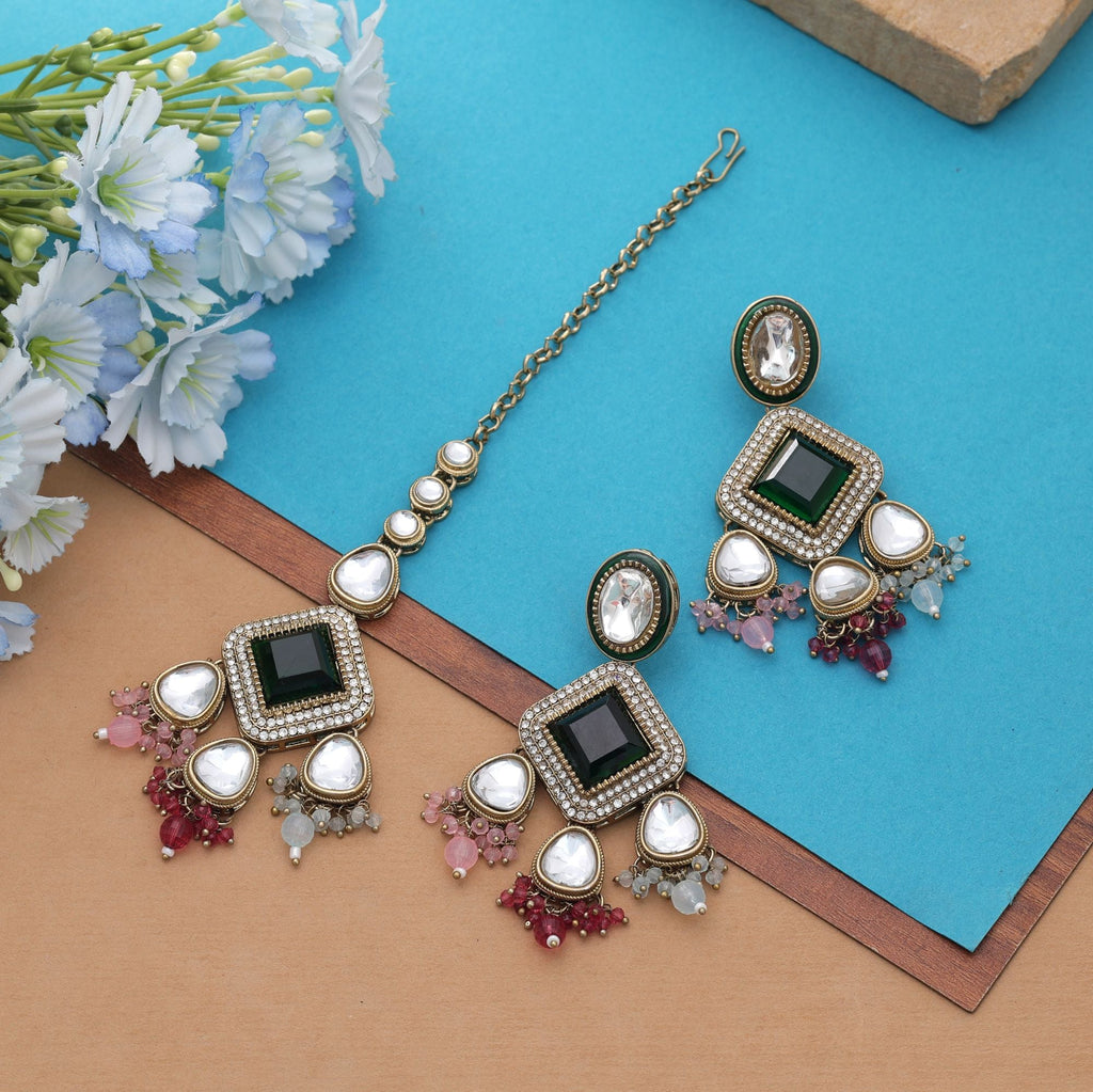 Multi Color Kundan Earrings Tikka Set Party Wear