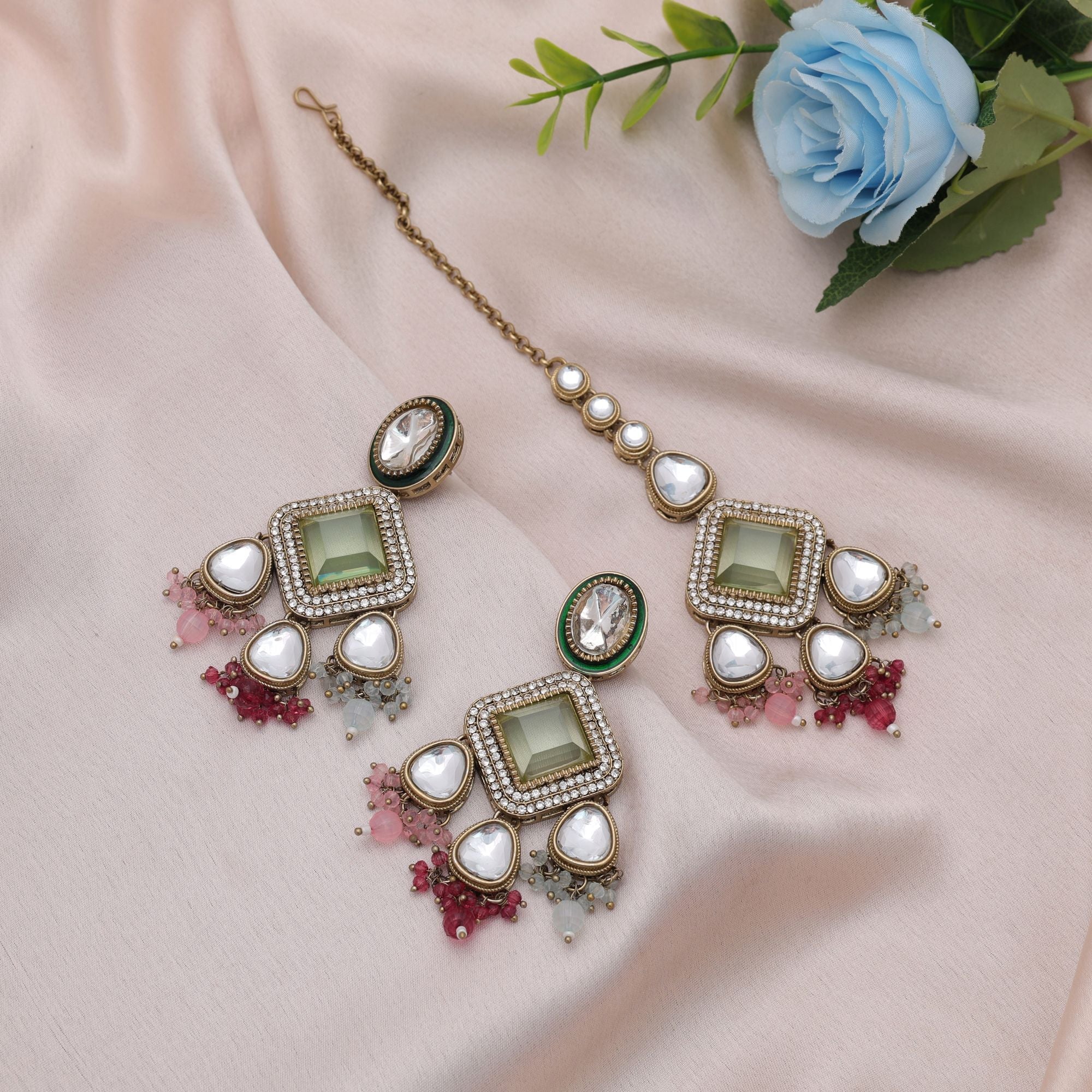 Multi Color Kundan Earrings Tikka Set Ethnic Artwork