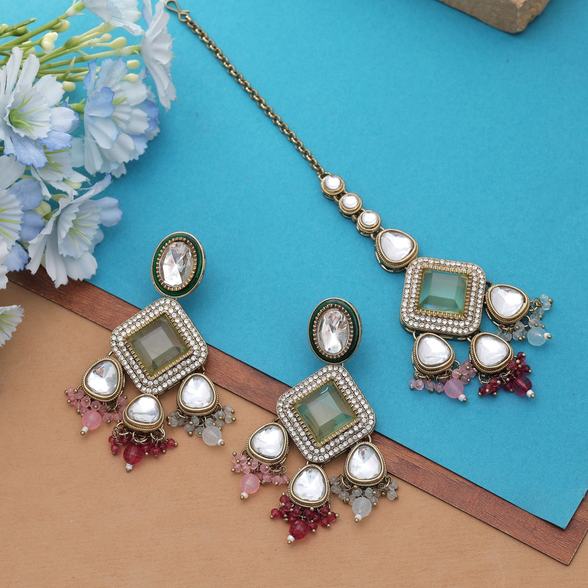 Multi Color Kundan Earrings Tikka Set Ethnic Artwork